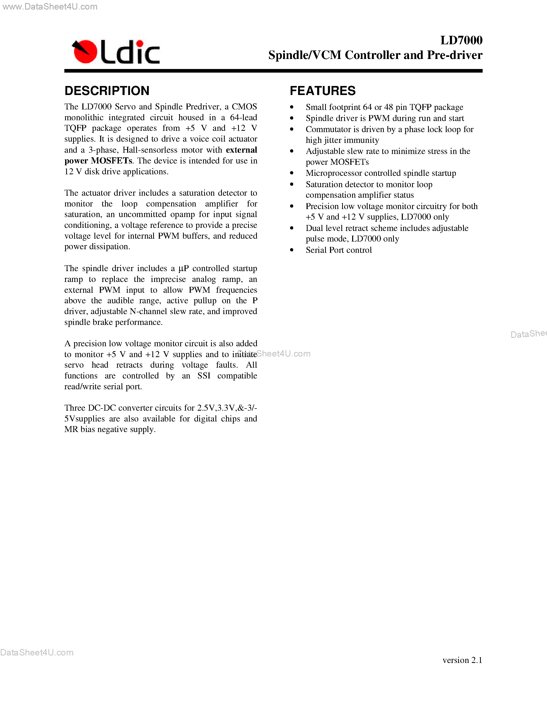 Datasheet LD7000 page 1 Datasheet LD7000 - Spindle/VCM Controller and Pre-driver page 1