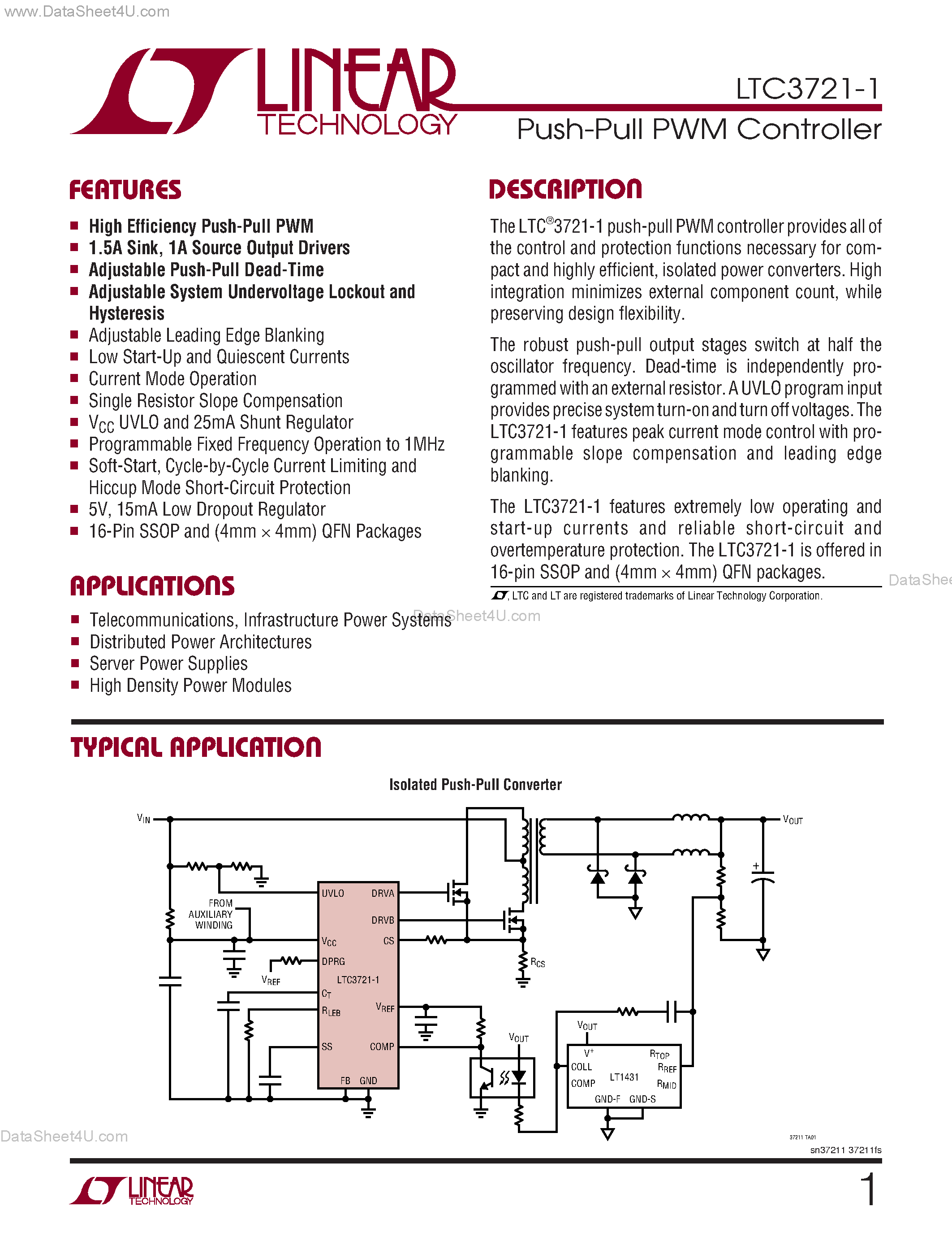 Даташит LTC3721-1 - Push-Pull PWM Controller страница 1