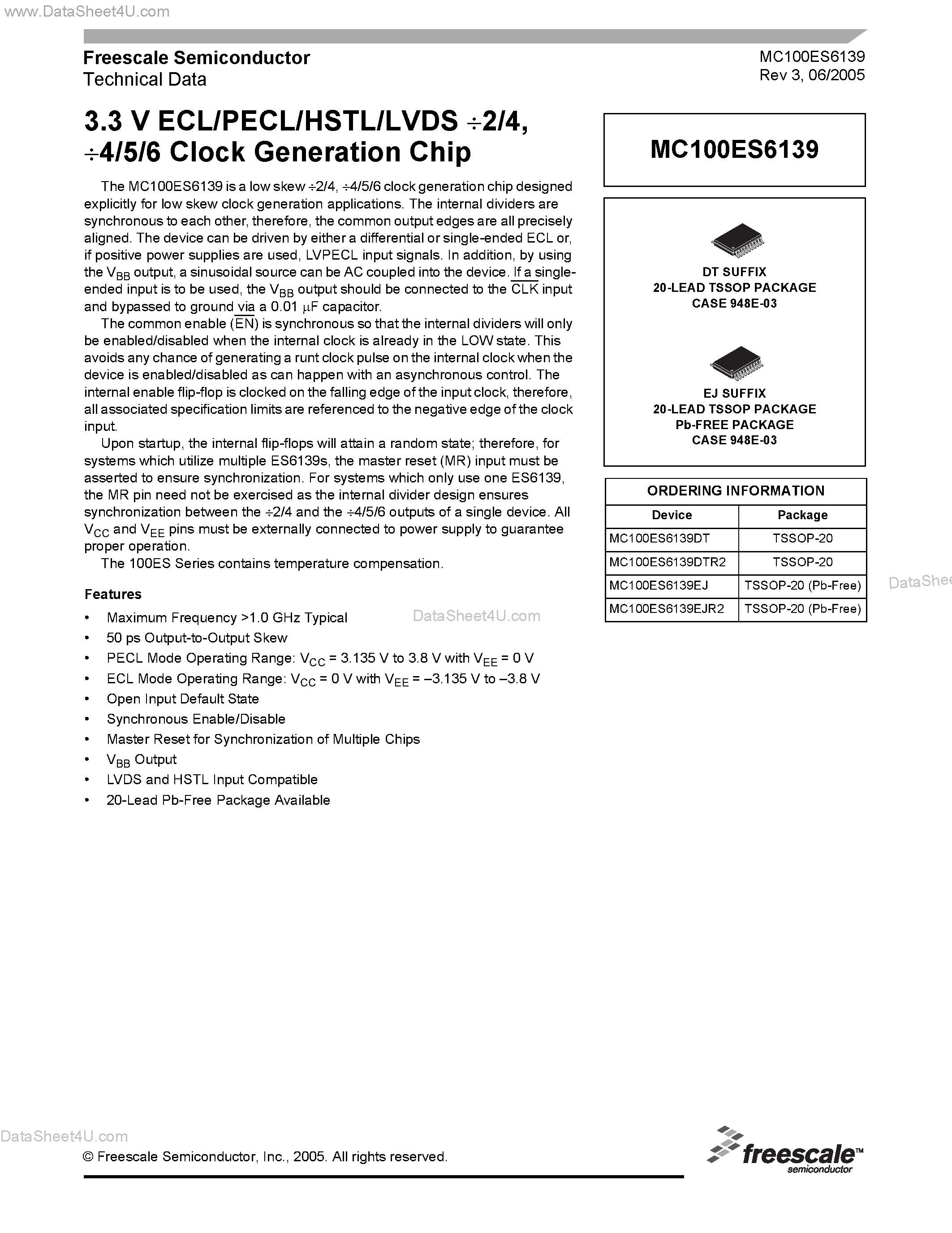 Даташит на микросхему MC100ES6139 страница 1 Даташит MC100ES6139 - Clock Generation Chip страница 1