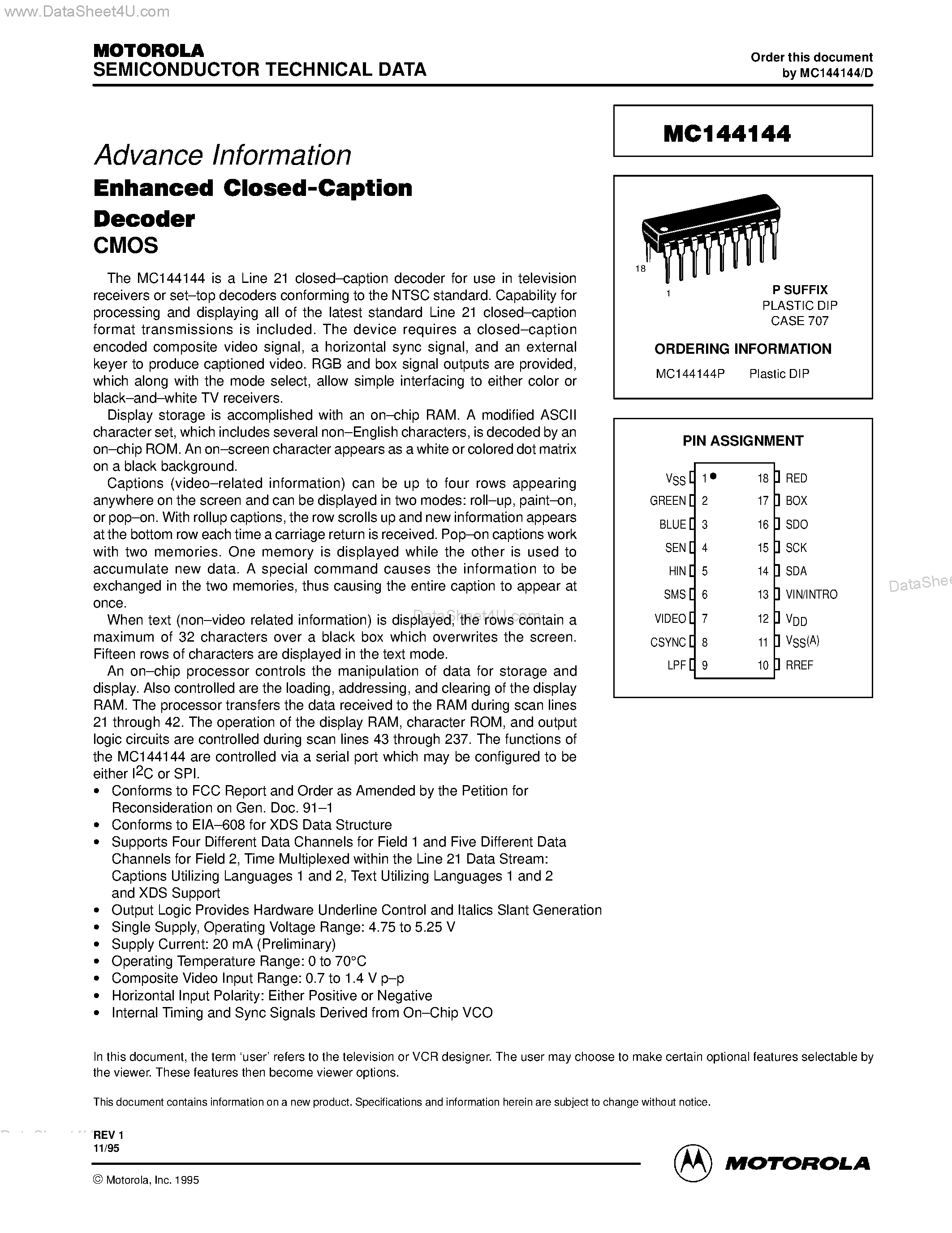 Даташит MC144144 - Enhanced Closed-Caption Decoder CMOS страница 1