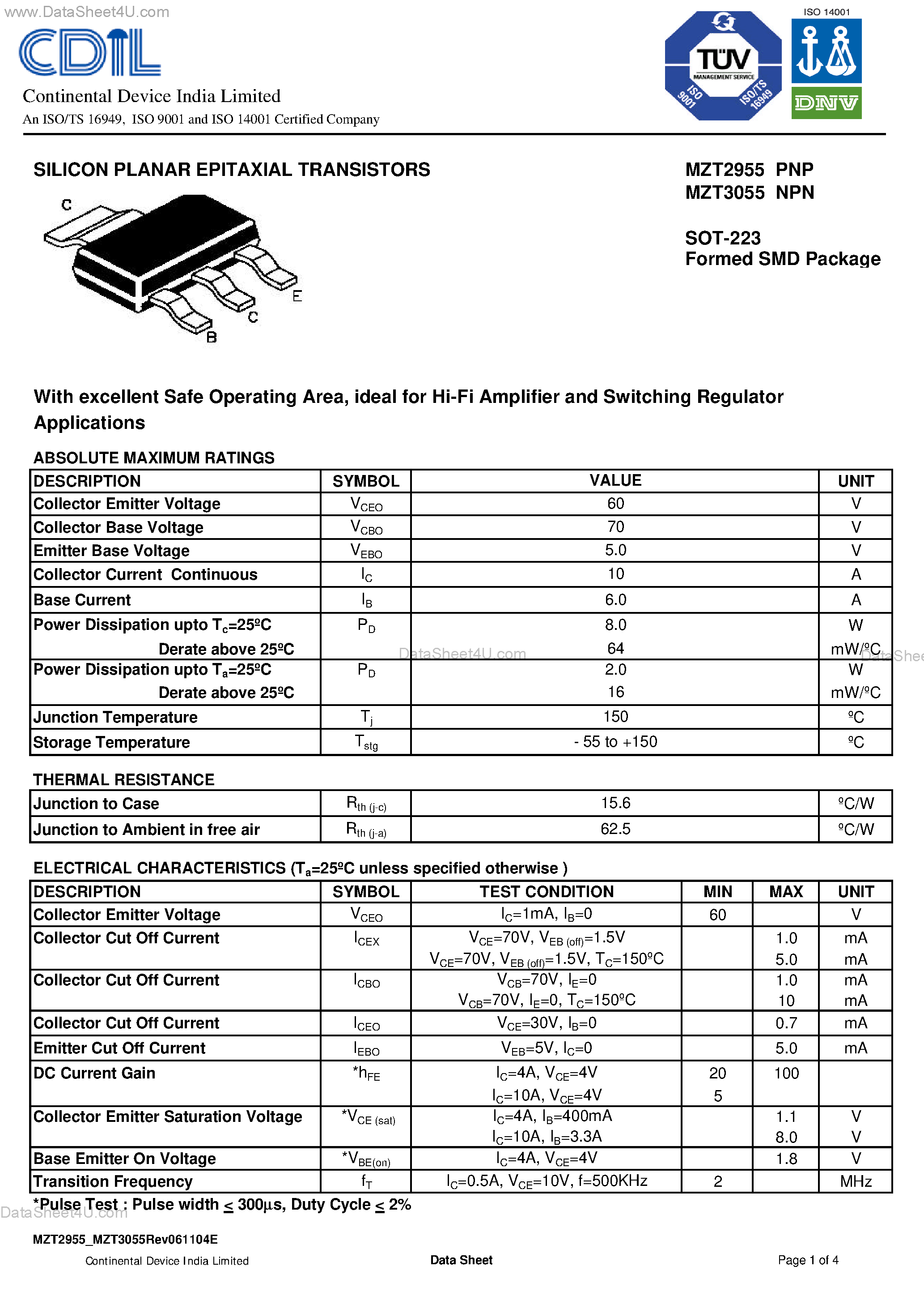 Datasheet MZT2955 - (MZT2955 / MZT3055) SILICON PLANAR EPITAXIAL TRANSISTORS page 1