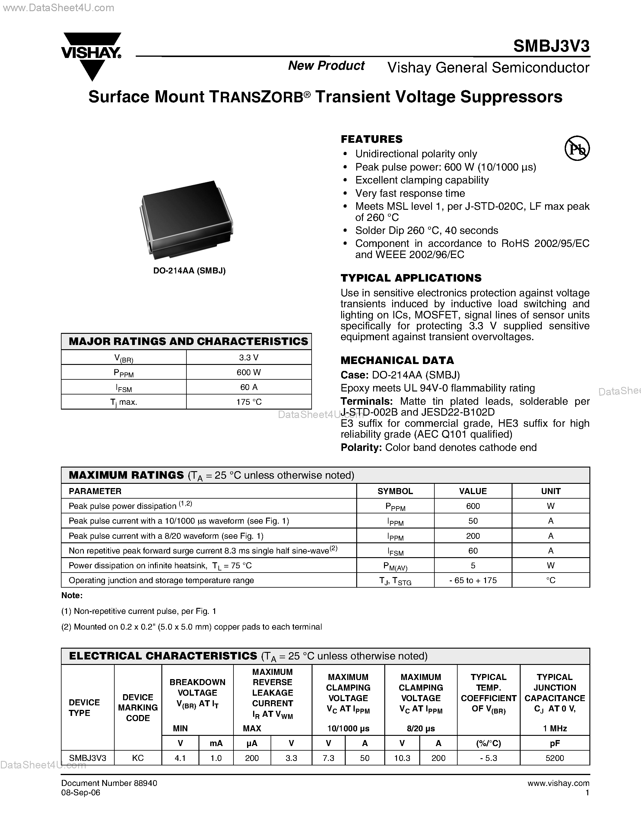Datasheet SMBJ3V3 page 1 Datasheet SMBJ3V3 - Surface Mount TRANSZORB Transient Voltage Suppressors page 1