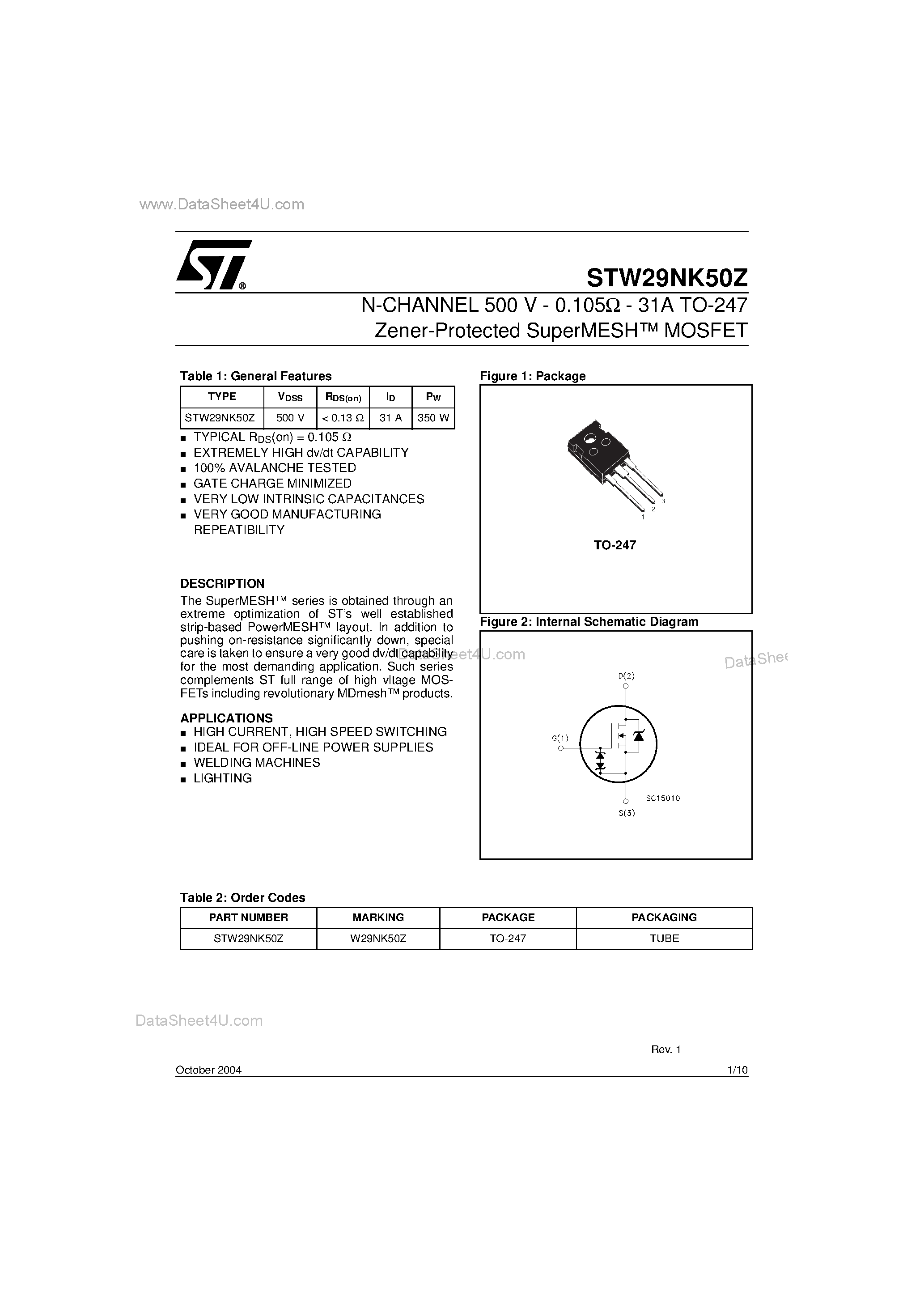Datasheet STW29NK50Z - N-CHANNEL SuperMESH MOSFET page 1