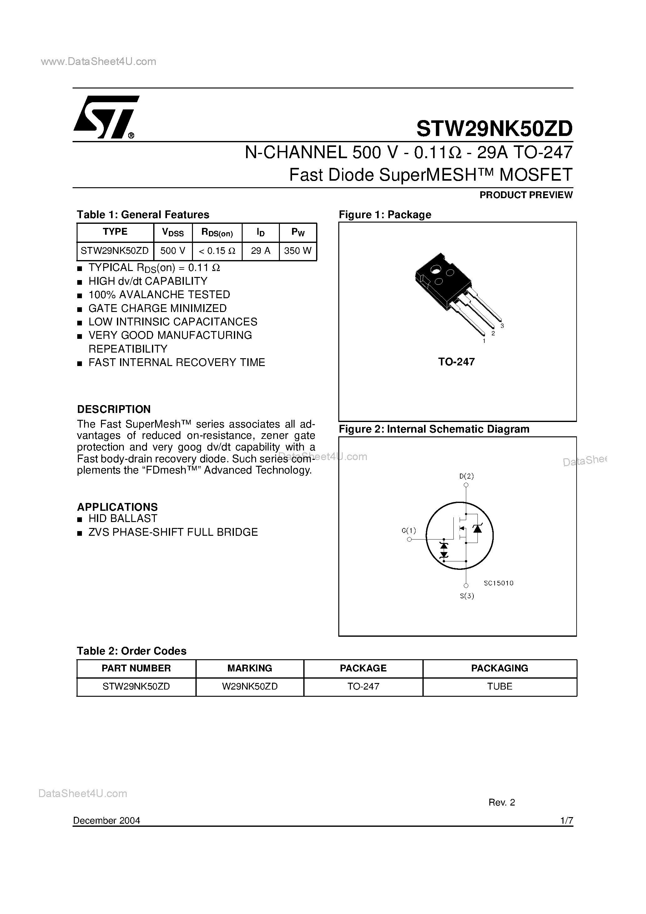 Datasheet STW29NK50ZD - N-CHANNEL SuperMESH MOSFET page 1