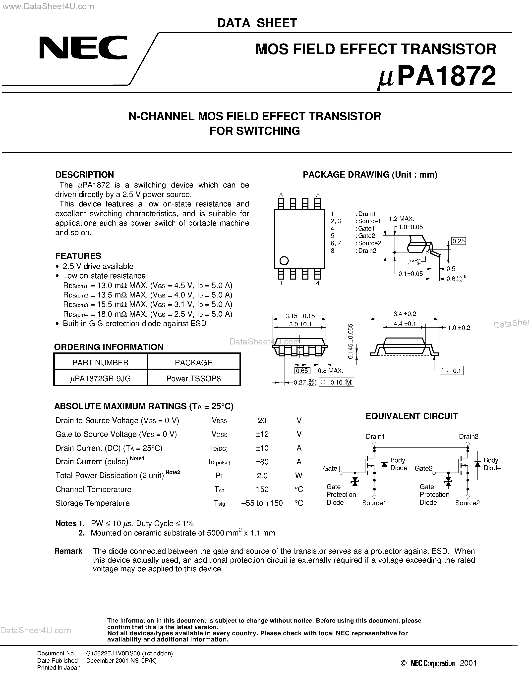 Даташит на микросхему UPA1872 страница 1 Даташит UPA1872 - N-CHANNEL MOS FIELD EFFECT TRANSISTOR FOR SWITCHING страница 1