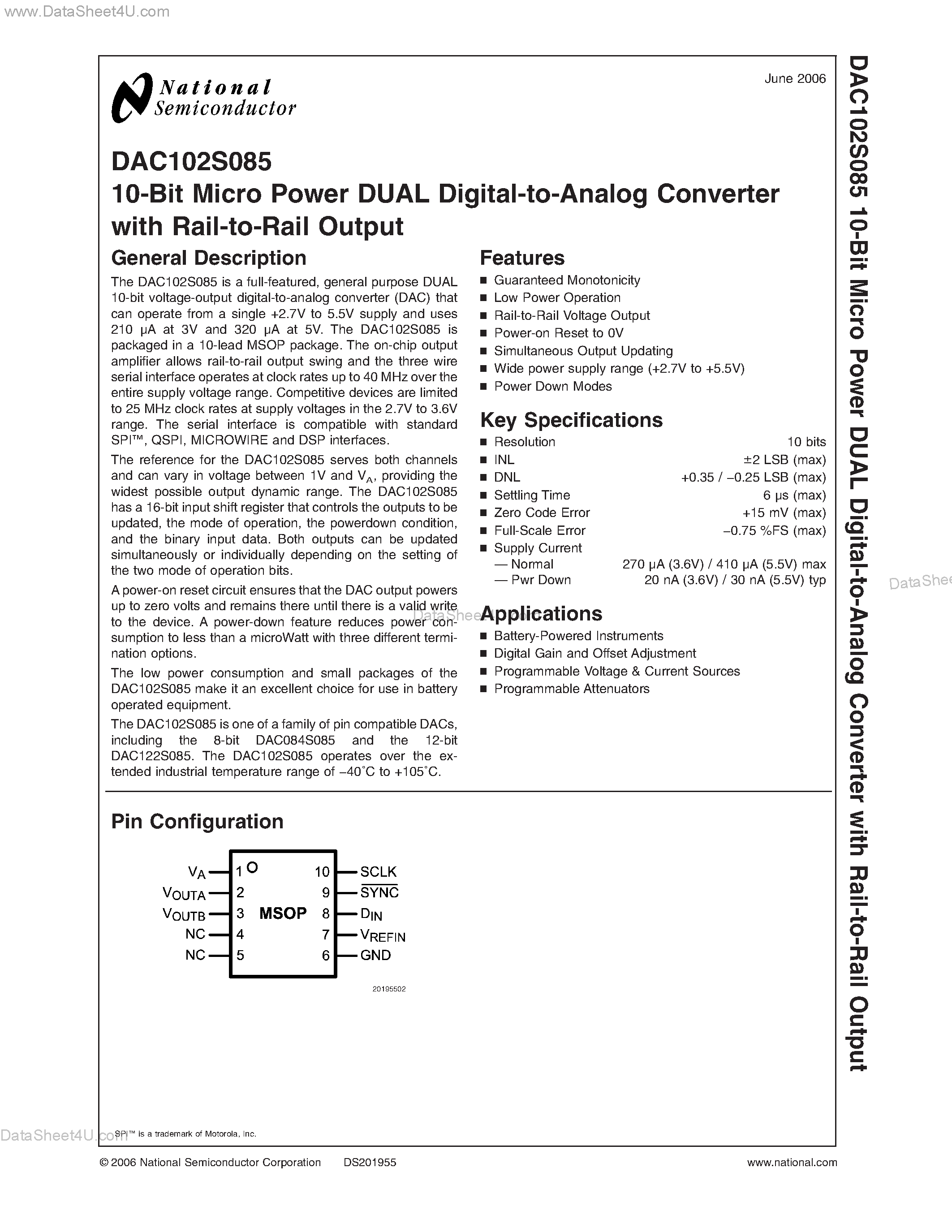Datasheet DAC102S085 - 10-Bit Micro Power DUAL Digital-to-Analog Converter with Rail-to-Rail Output page 1