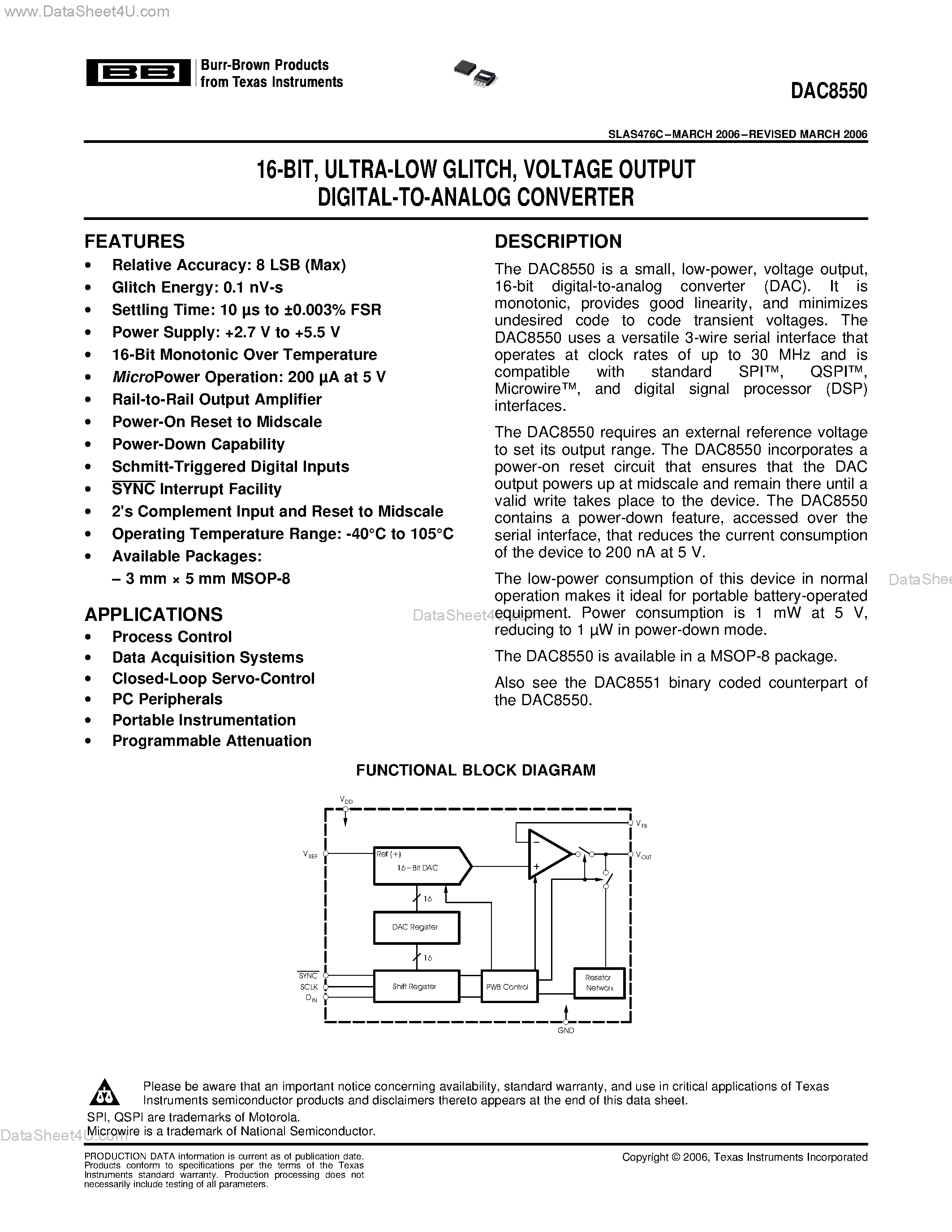 Datasheet DAC8550 - VOLTAGE OUTPUT DIGITAL-TO-ANALOG CONVERTER page 1