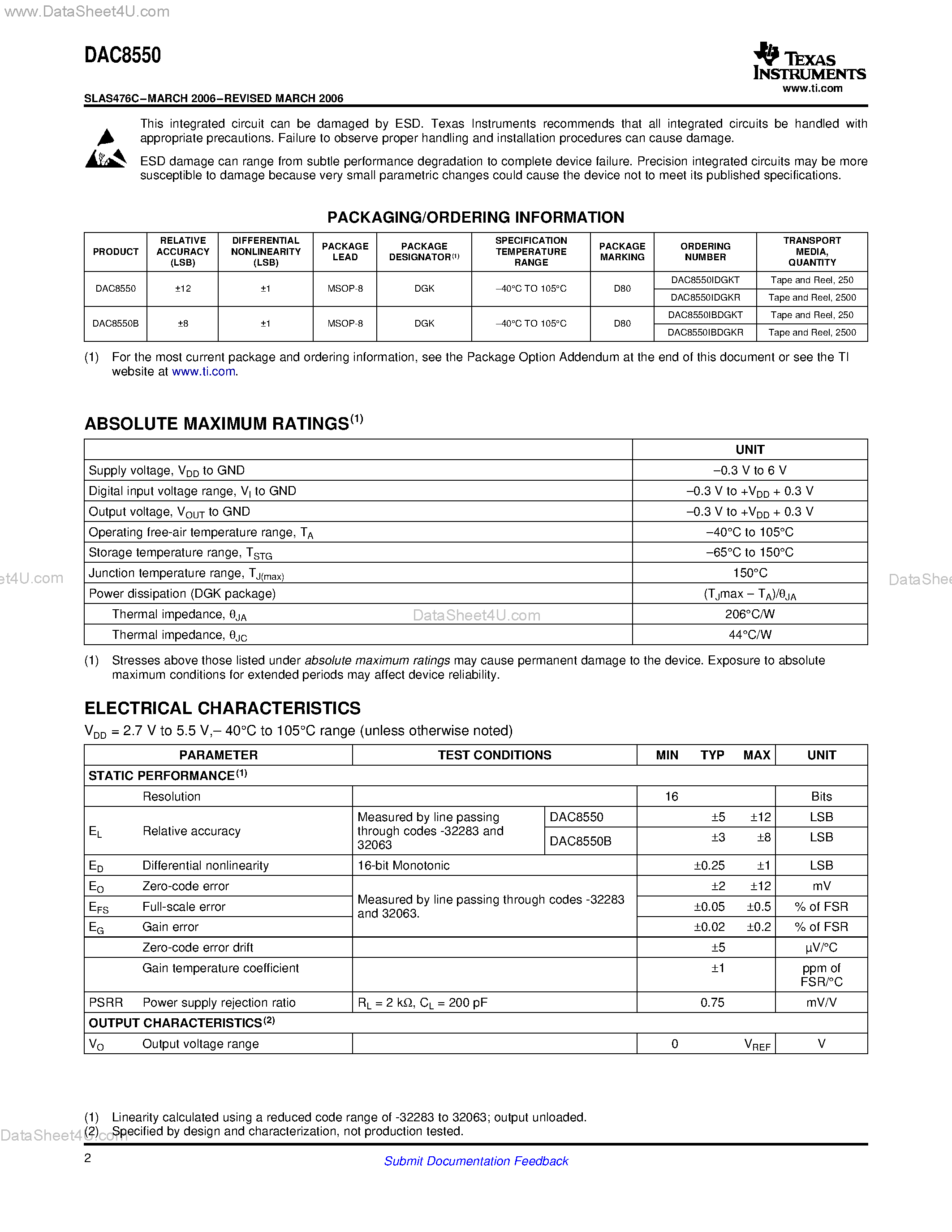 Datasheet DAC8550 - VOLTAGE OUTPUT DIGITAL-TO-ANALOG CONVERTER page 2