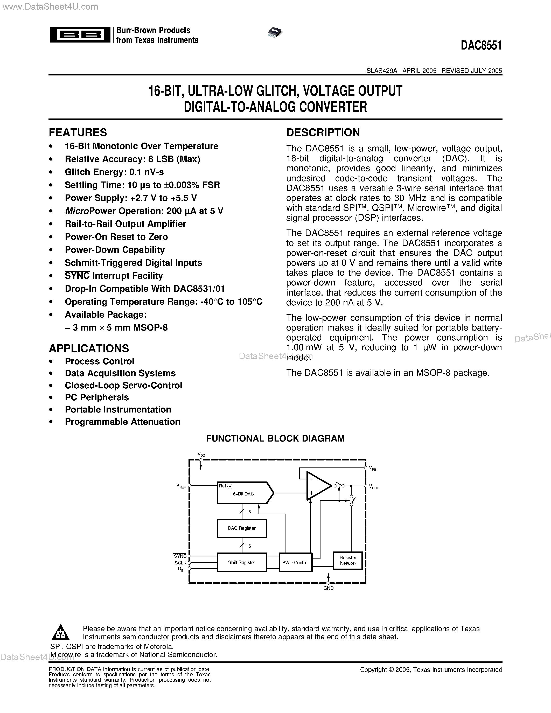 Datasheet DAC8551 - VOLTAGE OUTPUT DIGITAL-TO-ANALOG CONVERTER page 1