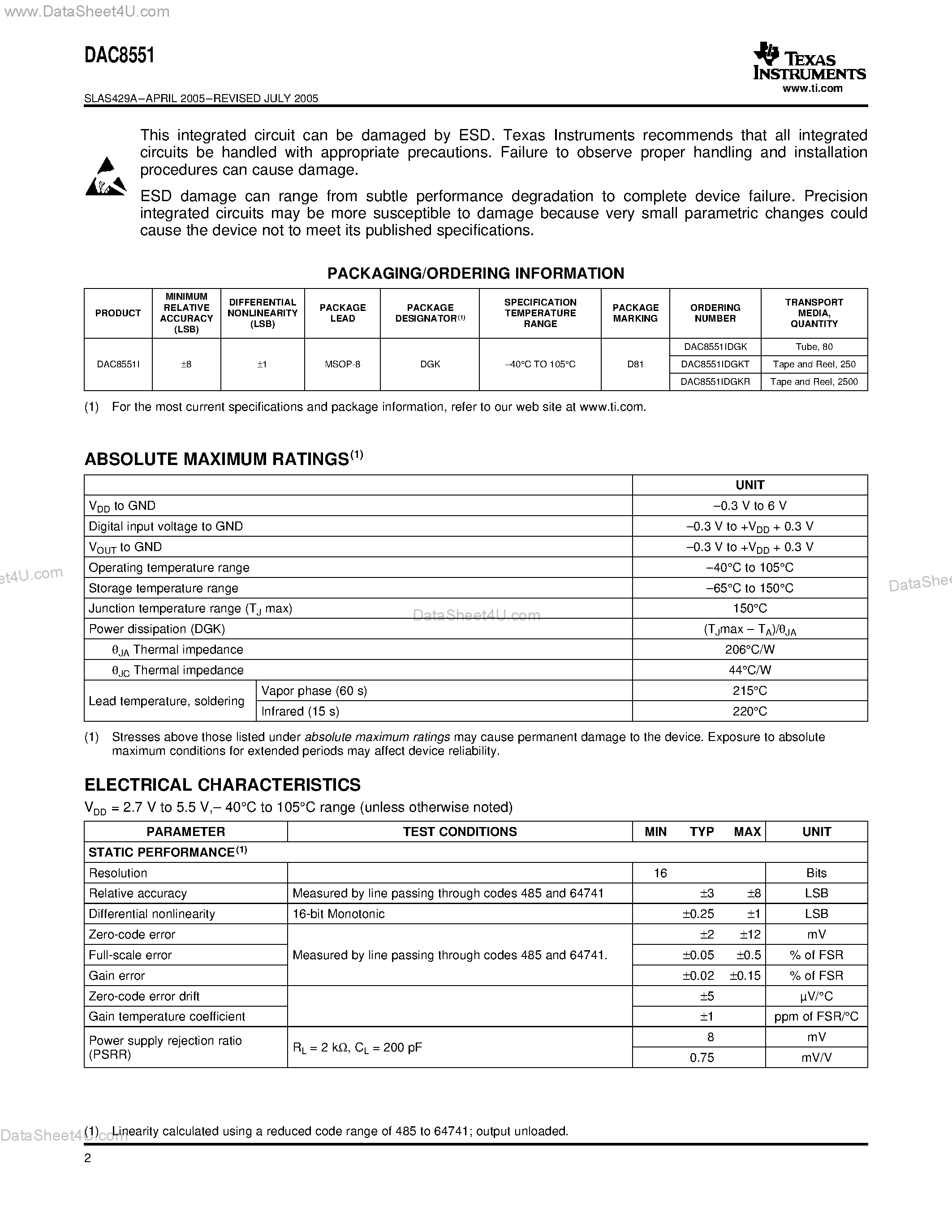 Datasheet DAC8551 - VOLTAGE OUTPUT DIGITAL-TO-ANALOG CONVERTER page 2