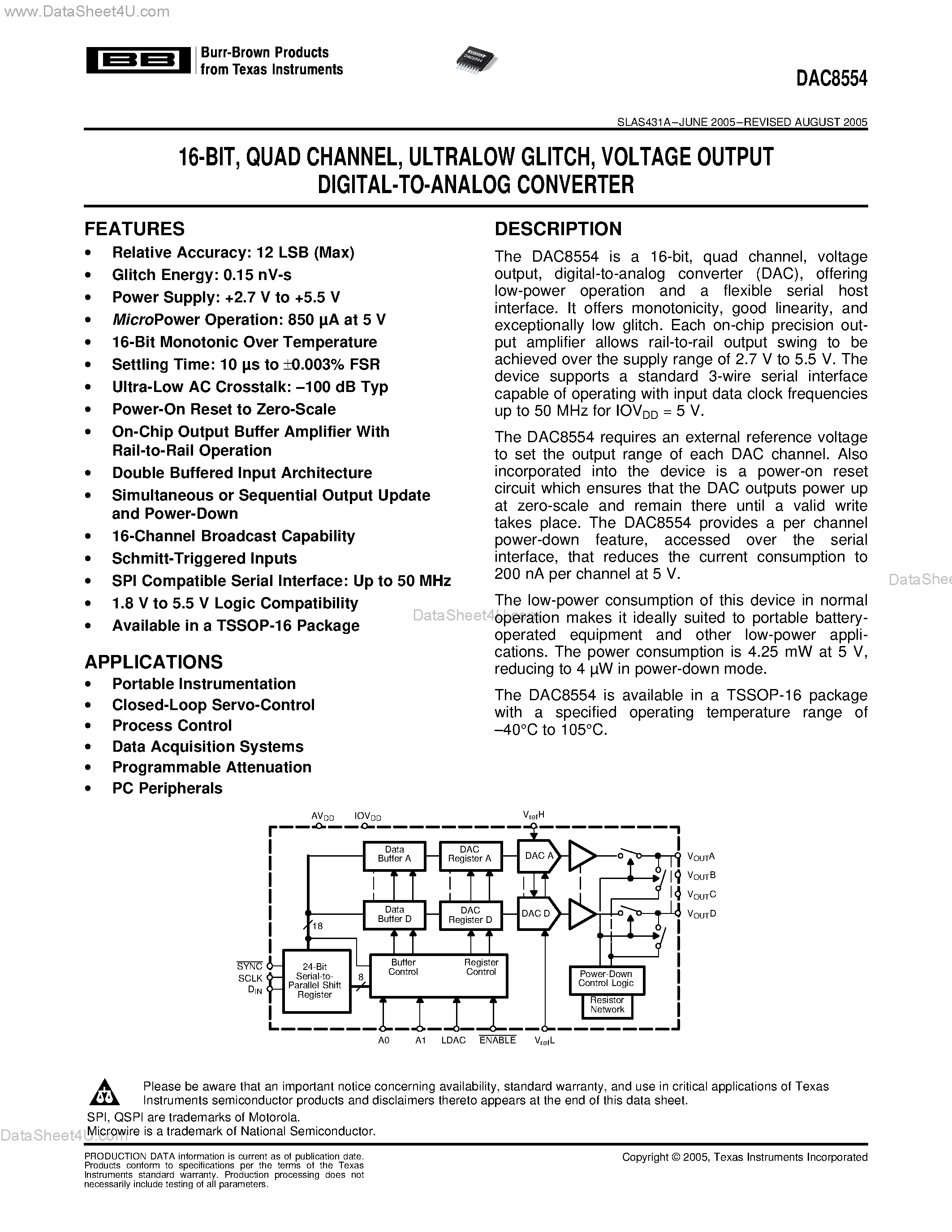Datasheet DAC8554 - VOLTAGE OUTPUT DIGITAL-TO-ANALOG CONVERTER page 1