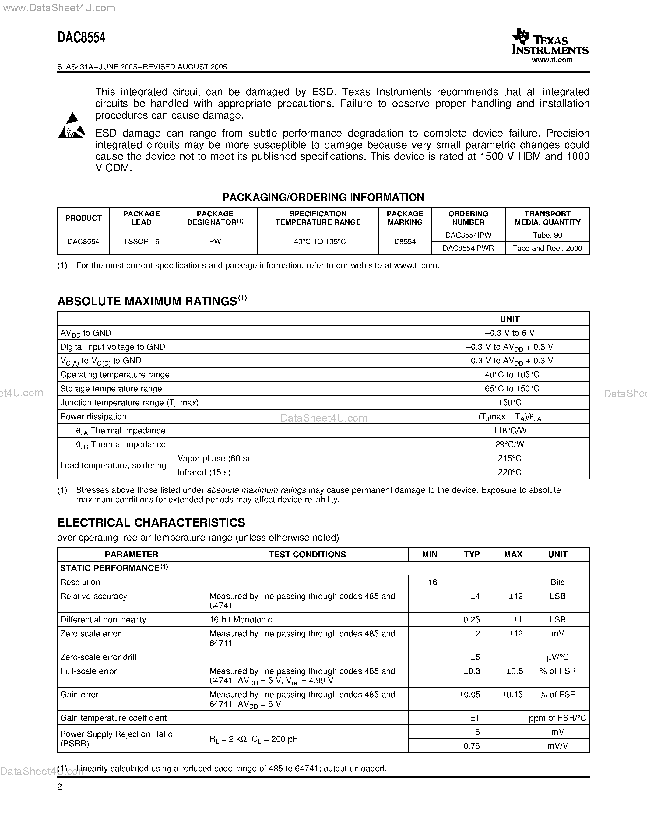 Datasheet DAC8554 - VOLTAGE OUTPUT DIGITAL-TO-ANALOG CONVERTER page 2