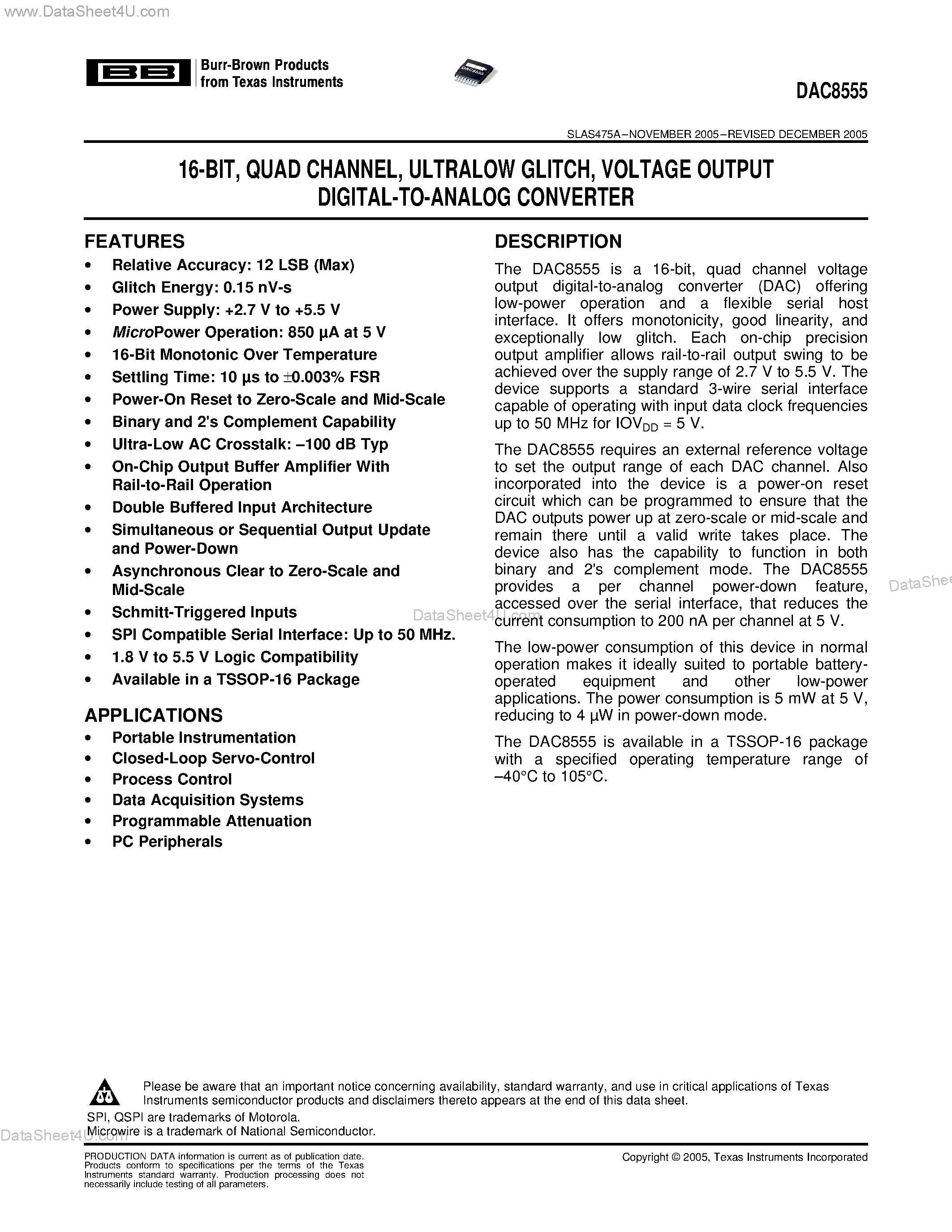 Datasheet DAC8555 - VOLTAGE OUTPUT DIGITAL-TO-ANALOG CONVERTER page 1