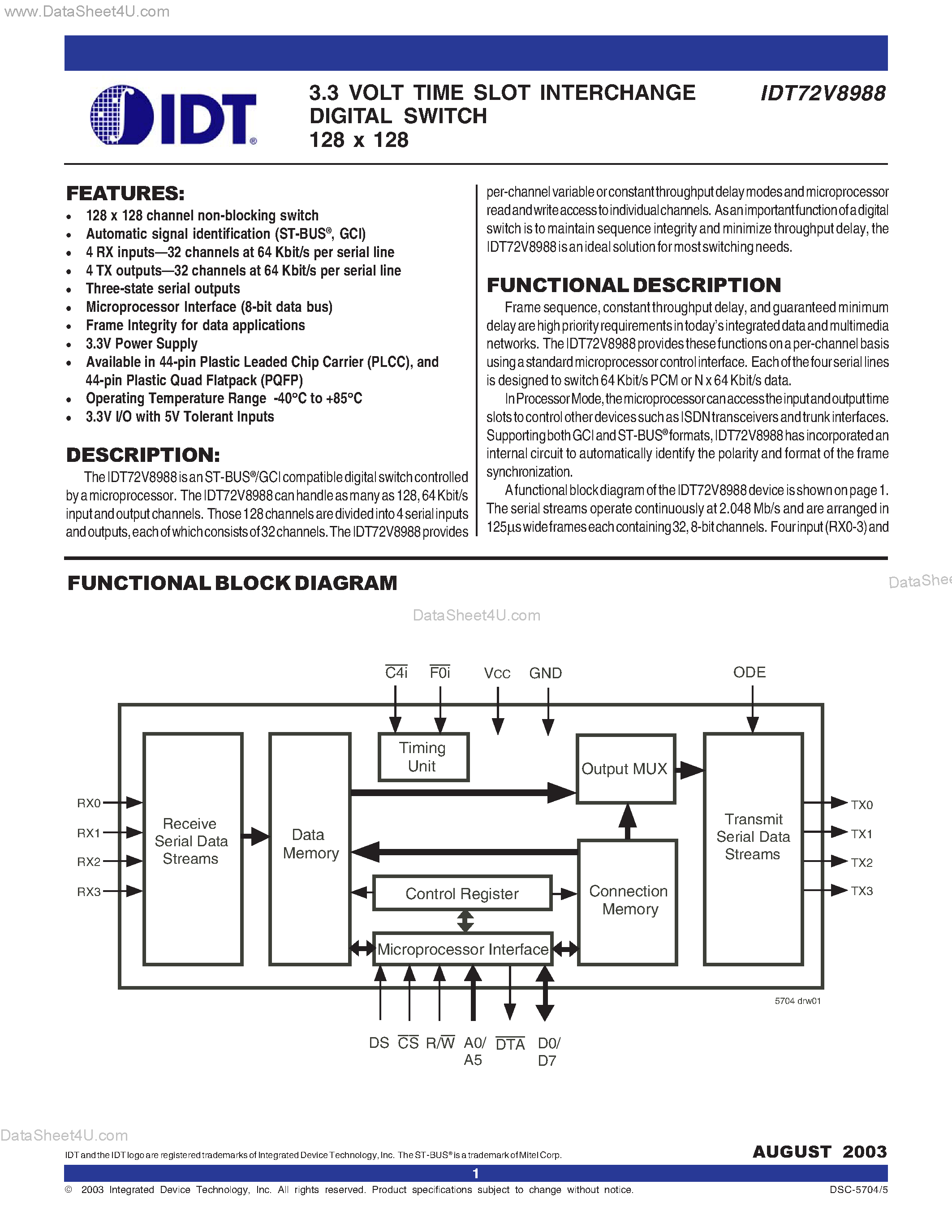 Datasheet IDT72V8988 - 3.3 VOLT TIME SLOT INTERCHANGE DIGITAL SWITCH 128 x 128 page 1