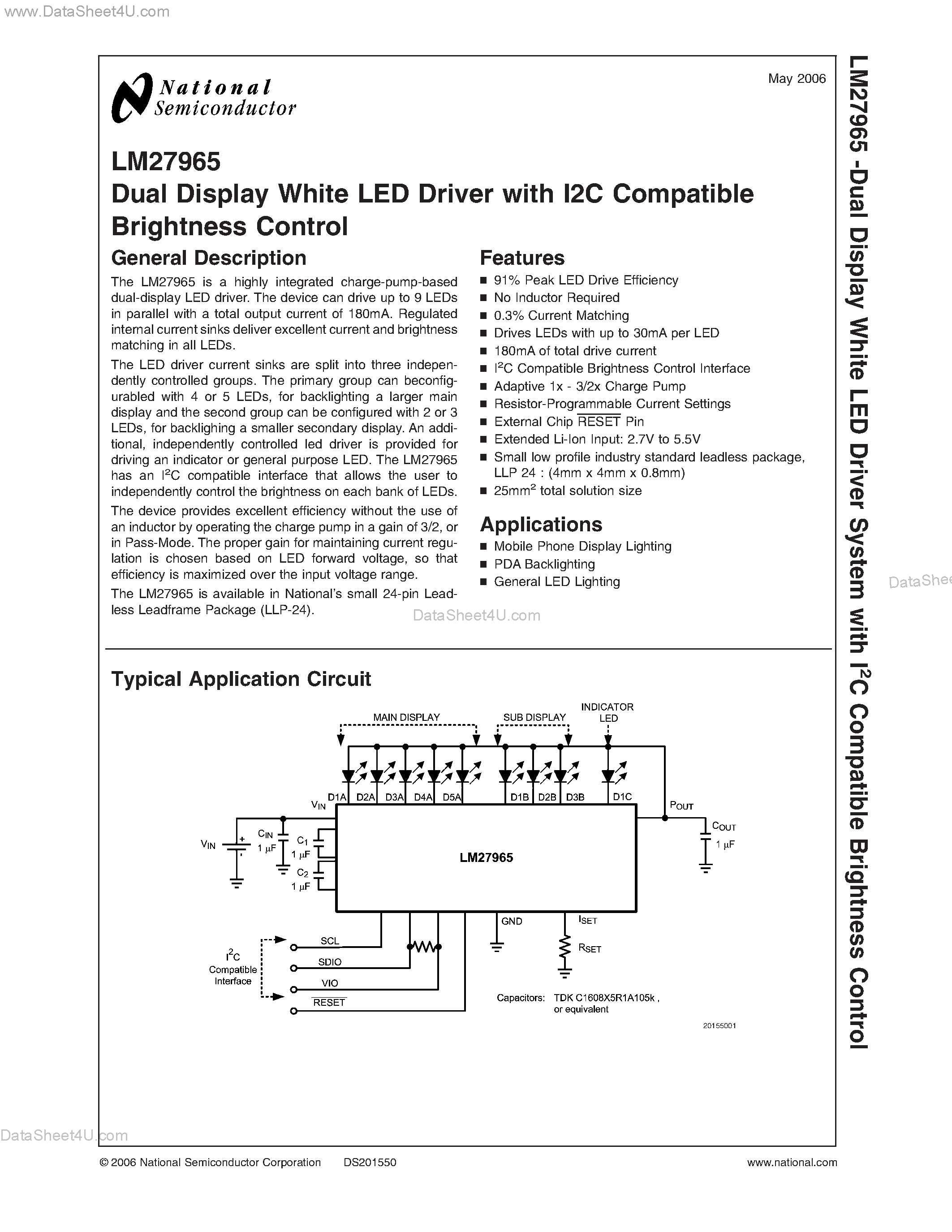 Datasheet LM27965 - Dual Display White LED Driver with I2C Compatible Brightness Control page 1