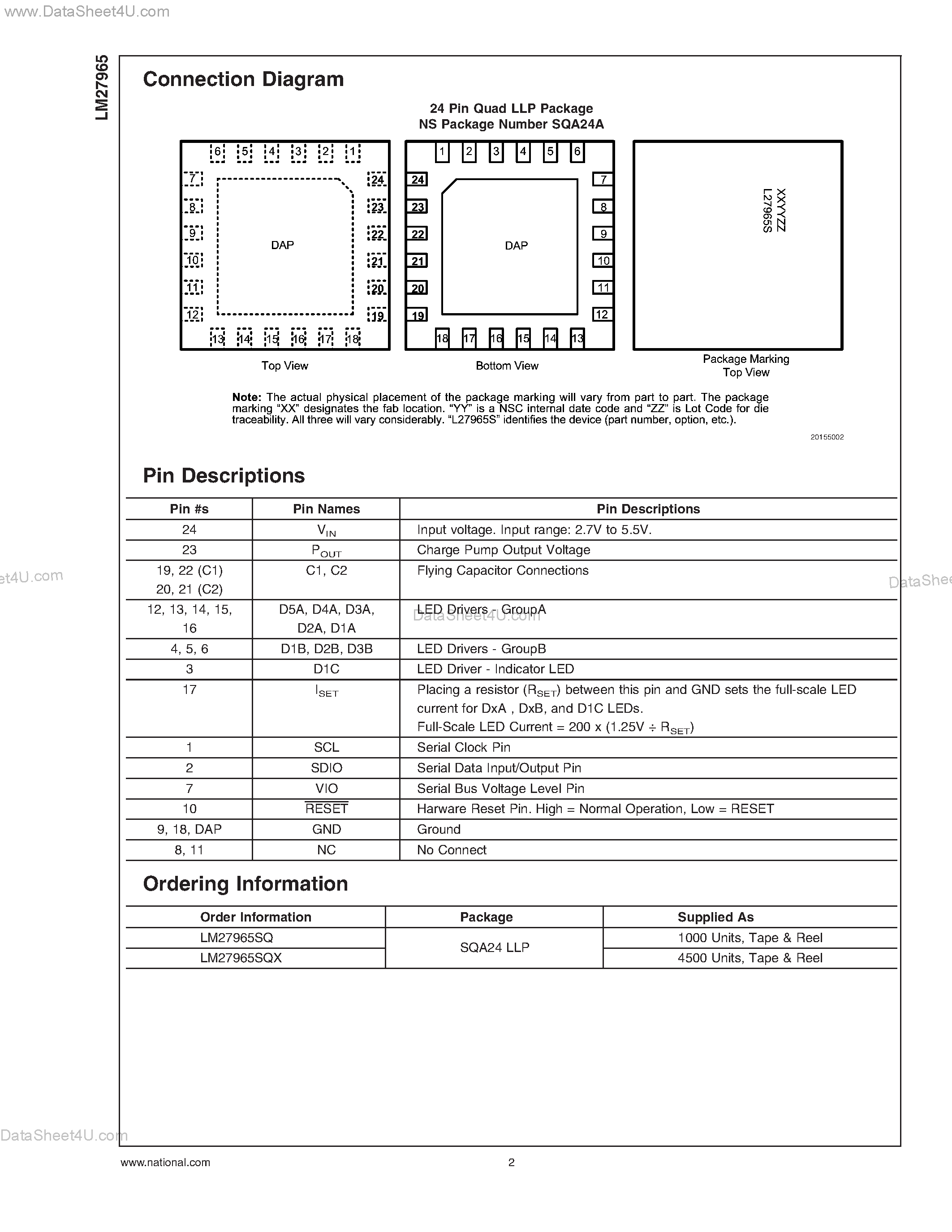 Datasheet LM27965 - Dual Display White LED Driver with I2C Compatible Brightness Control page 2