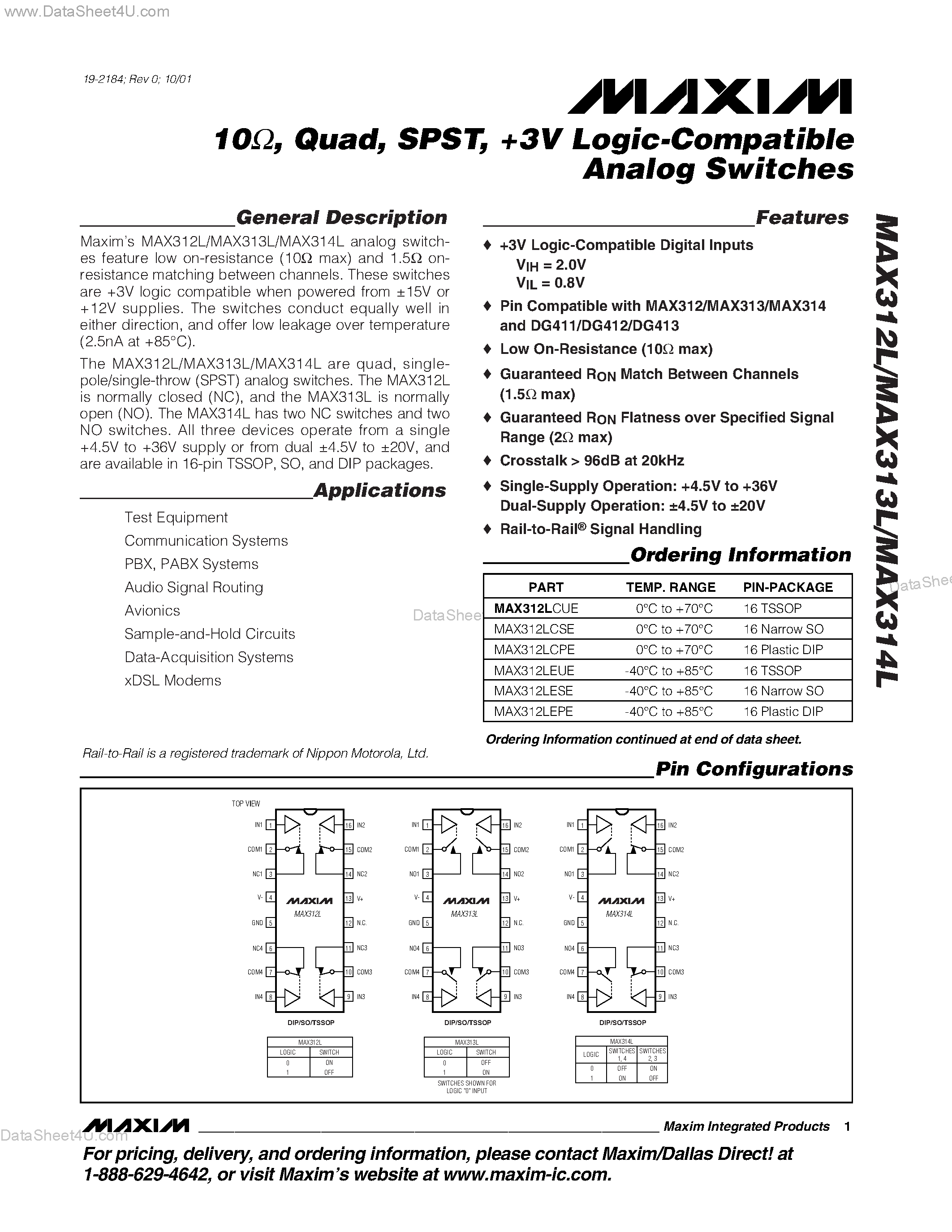 Datasheet MAX312L page 1 Datasheet MAX312L - (MAX312L - MAX314L) +3V Logic-Compatible Analog Switches page 1