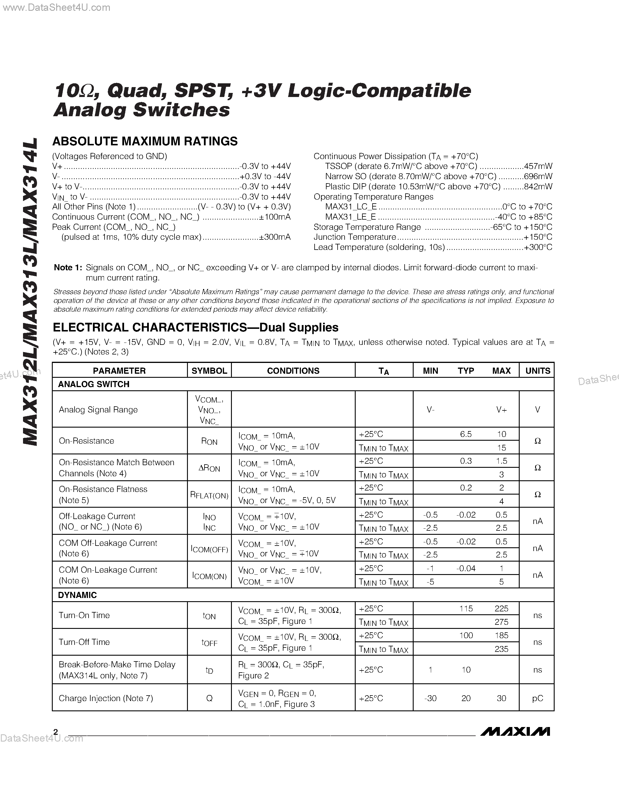 Datasheet MAX312L page 2 Datasheet MAX312L - (MAX312L - MAX314L) +3V Logic-Compatible Analog Switches page 2