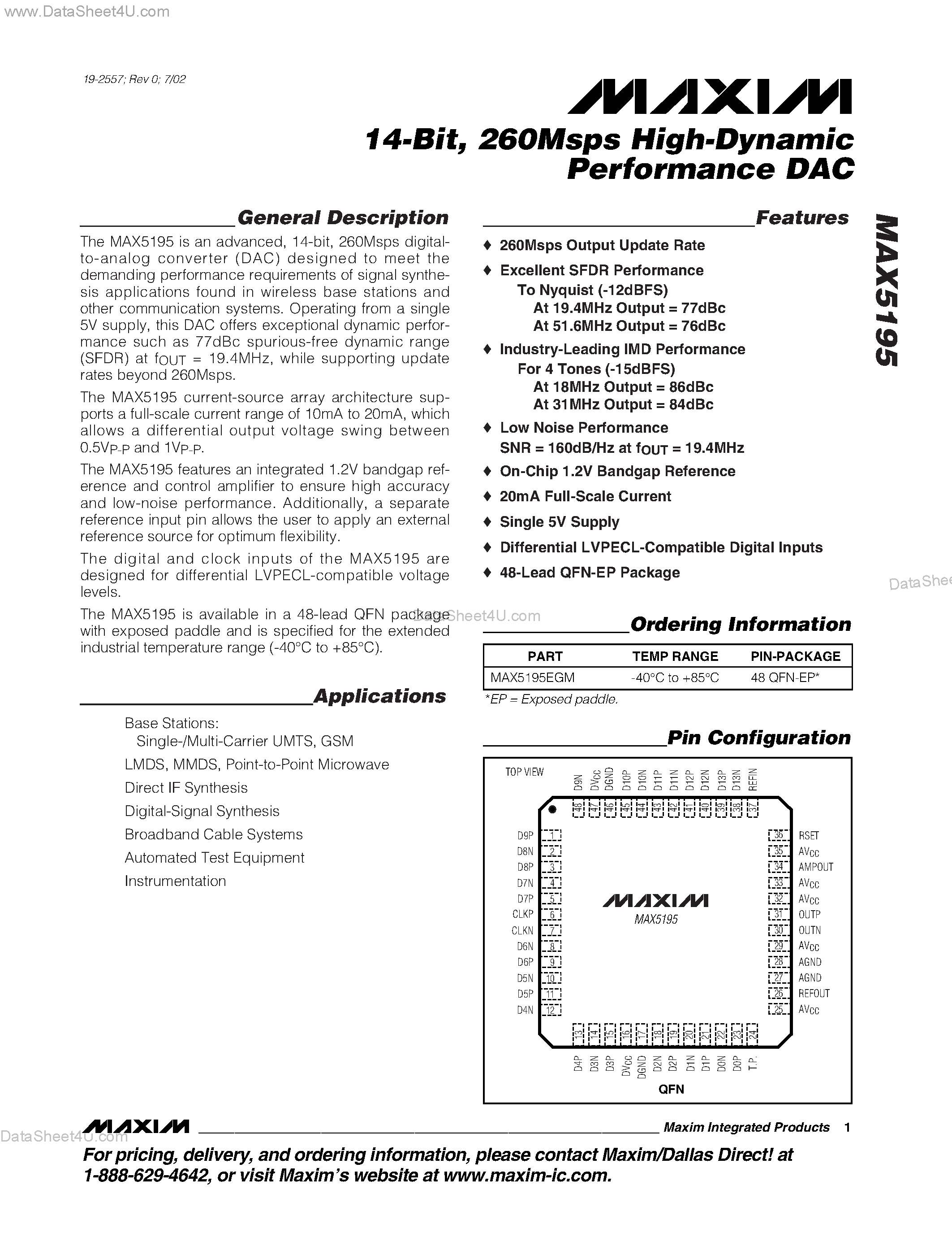 Datasheet MAX5195 - 260Msps High-Dynamic Performance DAC page 1