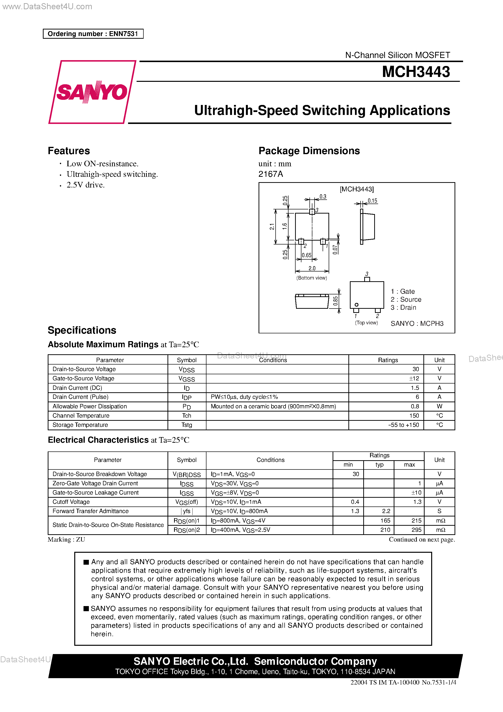 Datasheet MCH3443 - N-CHANNEL MOS SILICON TRANSISTOR page 1
