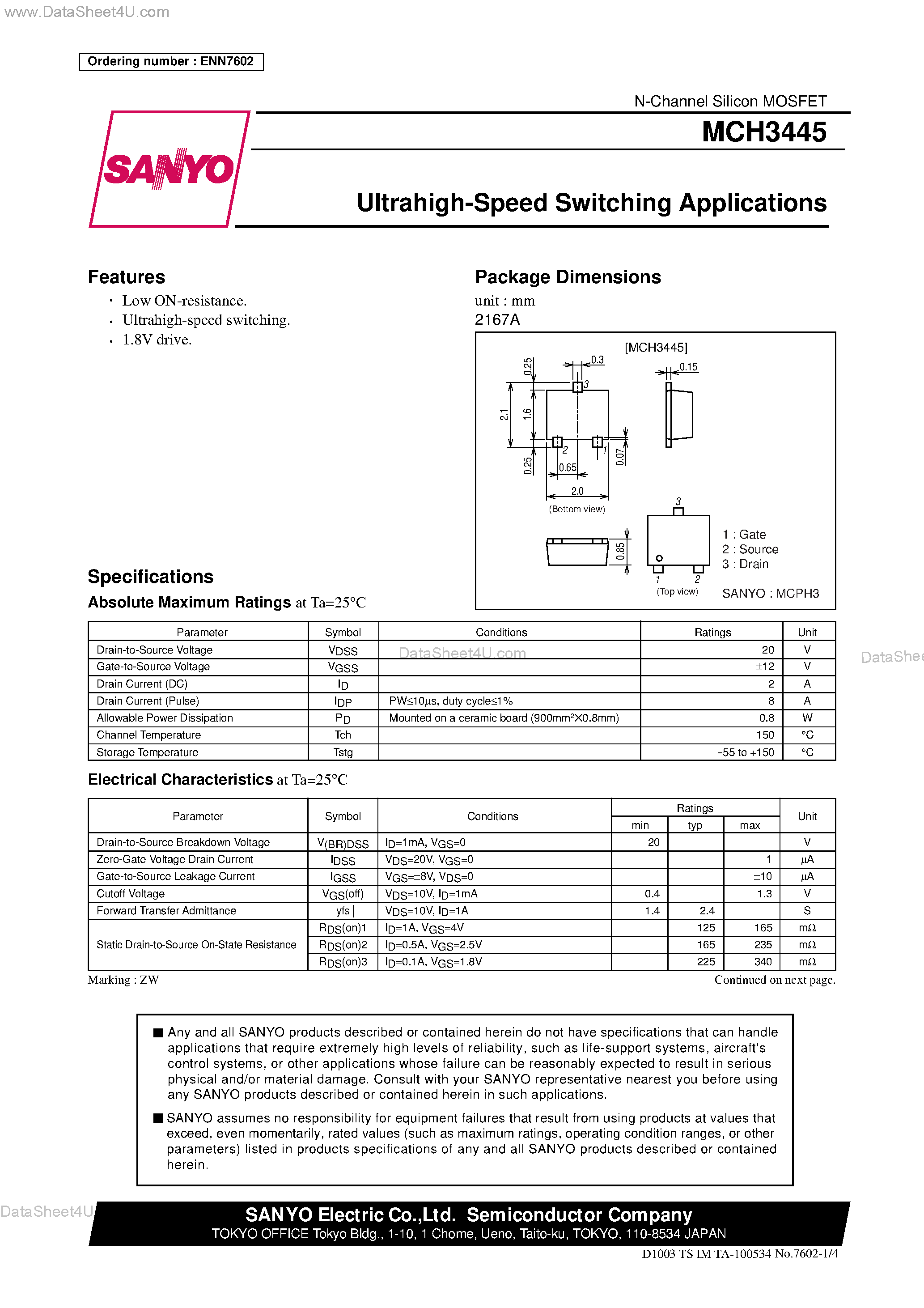 Datasheet MCH3445 page 1 Datasheet MCH3445 - Ultrahigh-Speed Switching Applications page 1