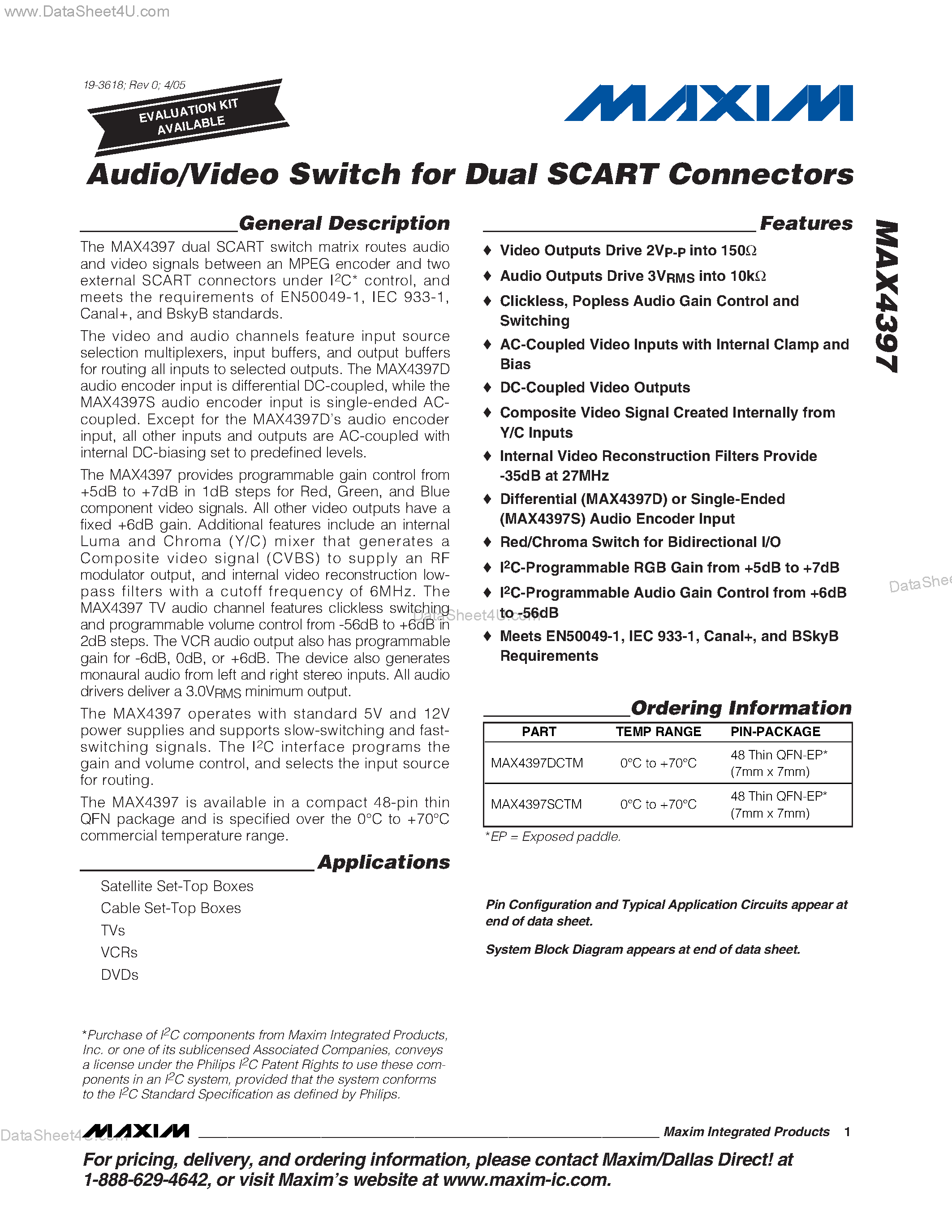 Datasheet MAX4397 - Audio/Video Switch For Dual SCART Connectors page 1