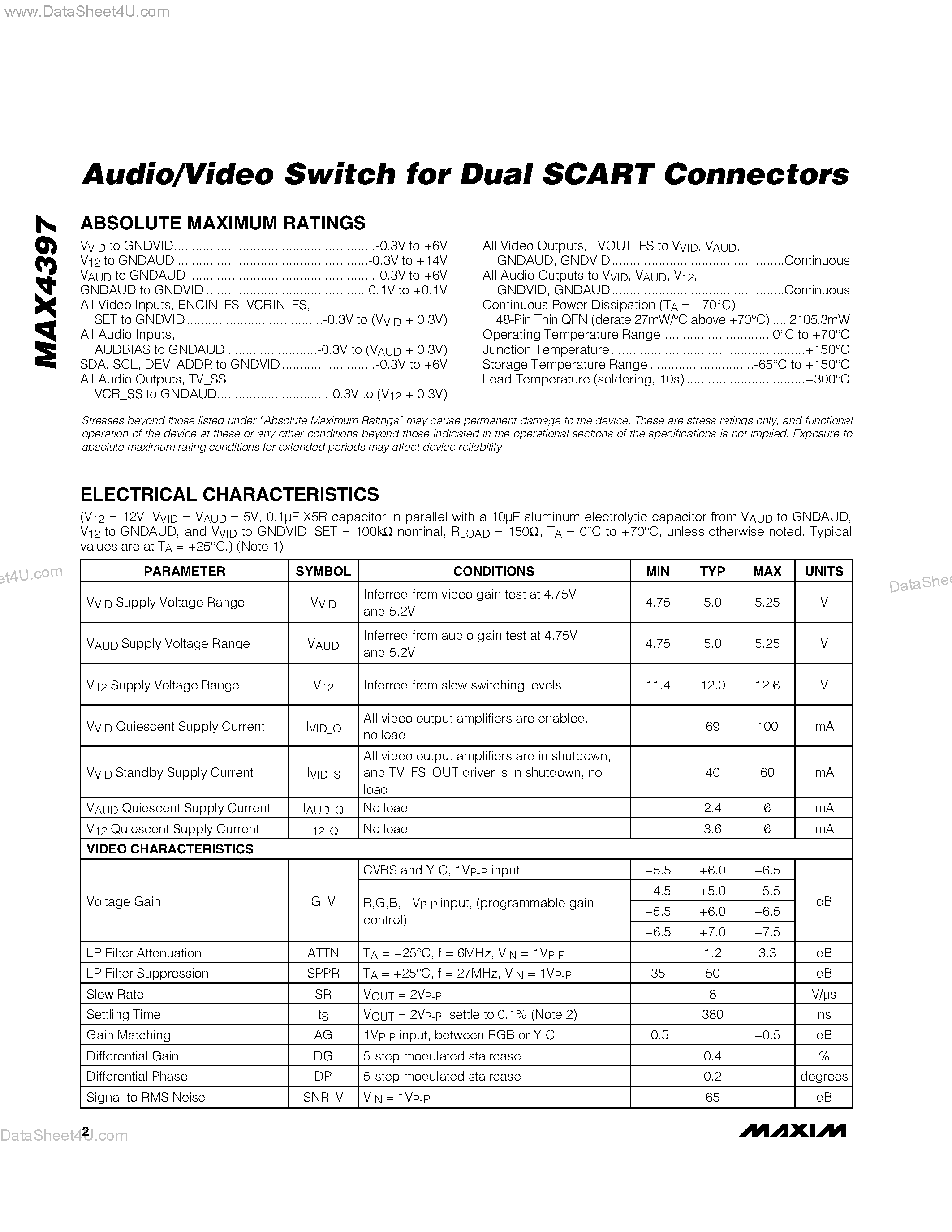 Datasheet MAX4397 - Audio/Video Switch For Dual SCART Connectors page 2