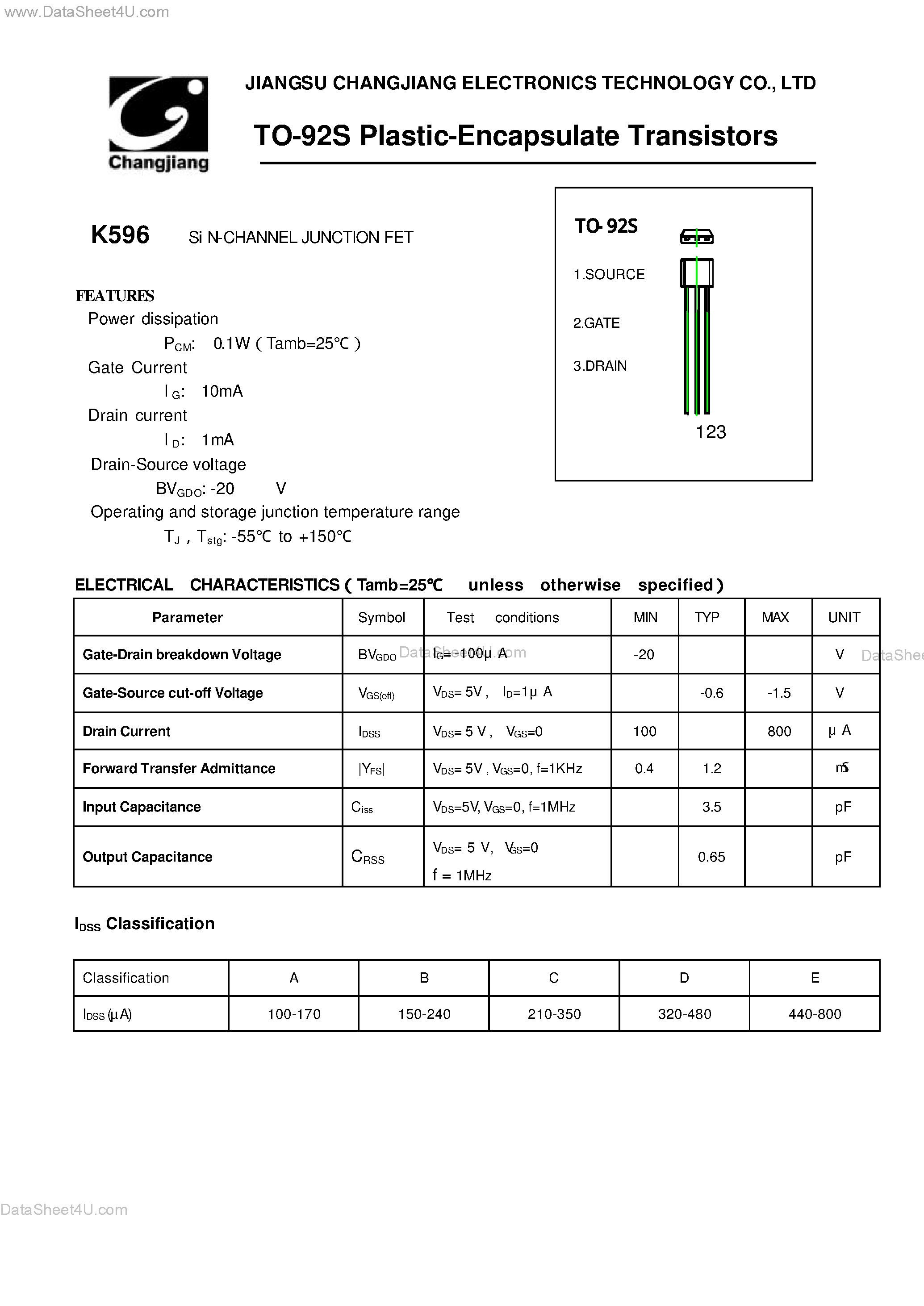 Datasheet K596 - Si N-CHANNEL JUNCTION FET page 1