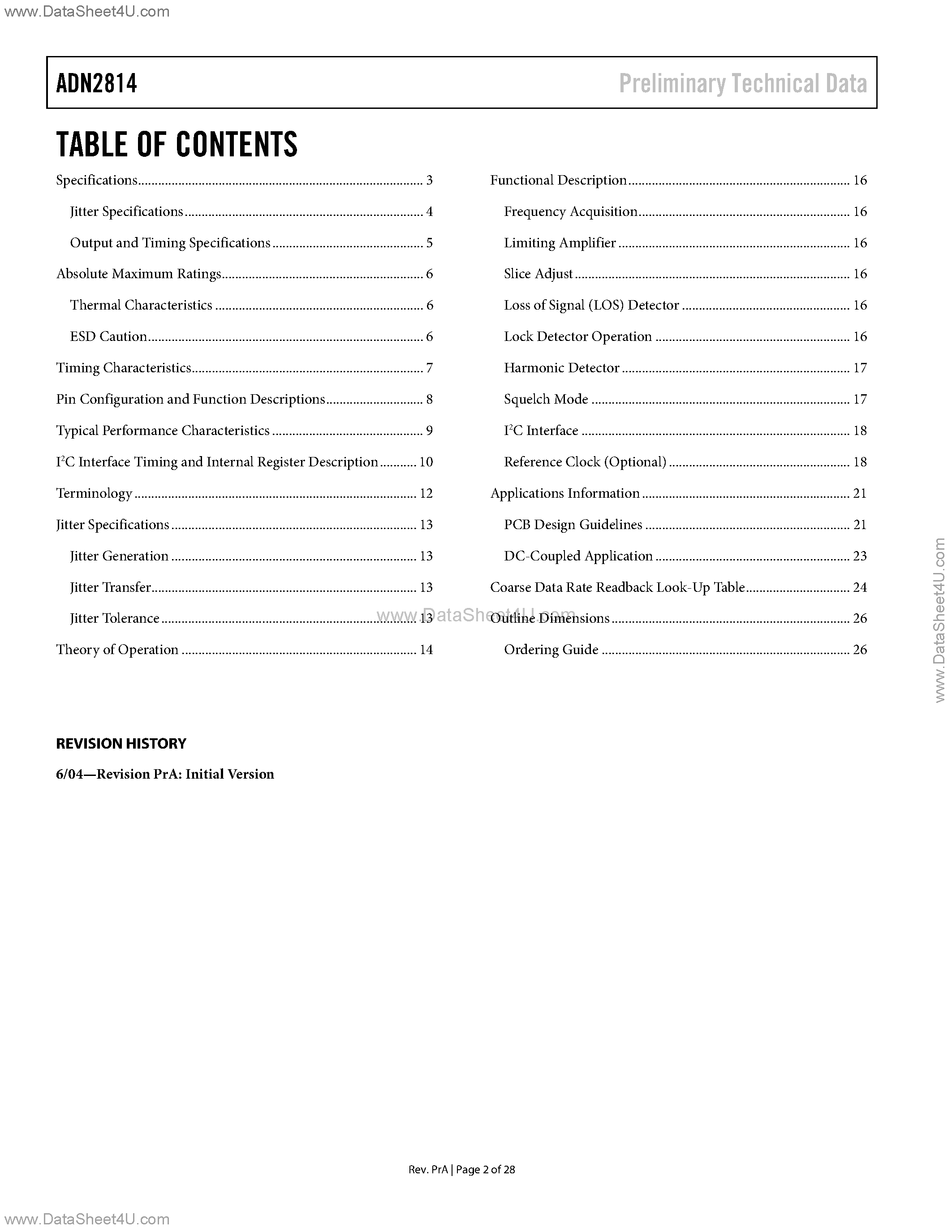 Datasheet ADN2814 page 2 Datasheet ADN2814 - Continuous Rate 12.3 Mb/s to 675 Mb/s Clock and Data Recovery IC page 2