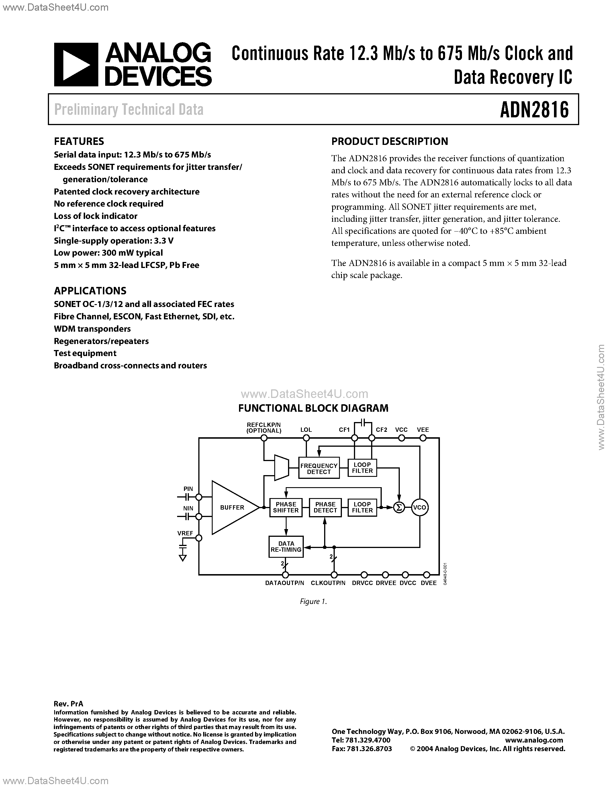 Datasheet ADN2816 - Continuous Rate 12.3 Mb/s to 675 Mb/s Clock and Data Recovery IC page 1