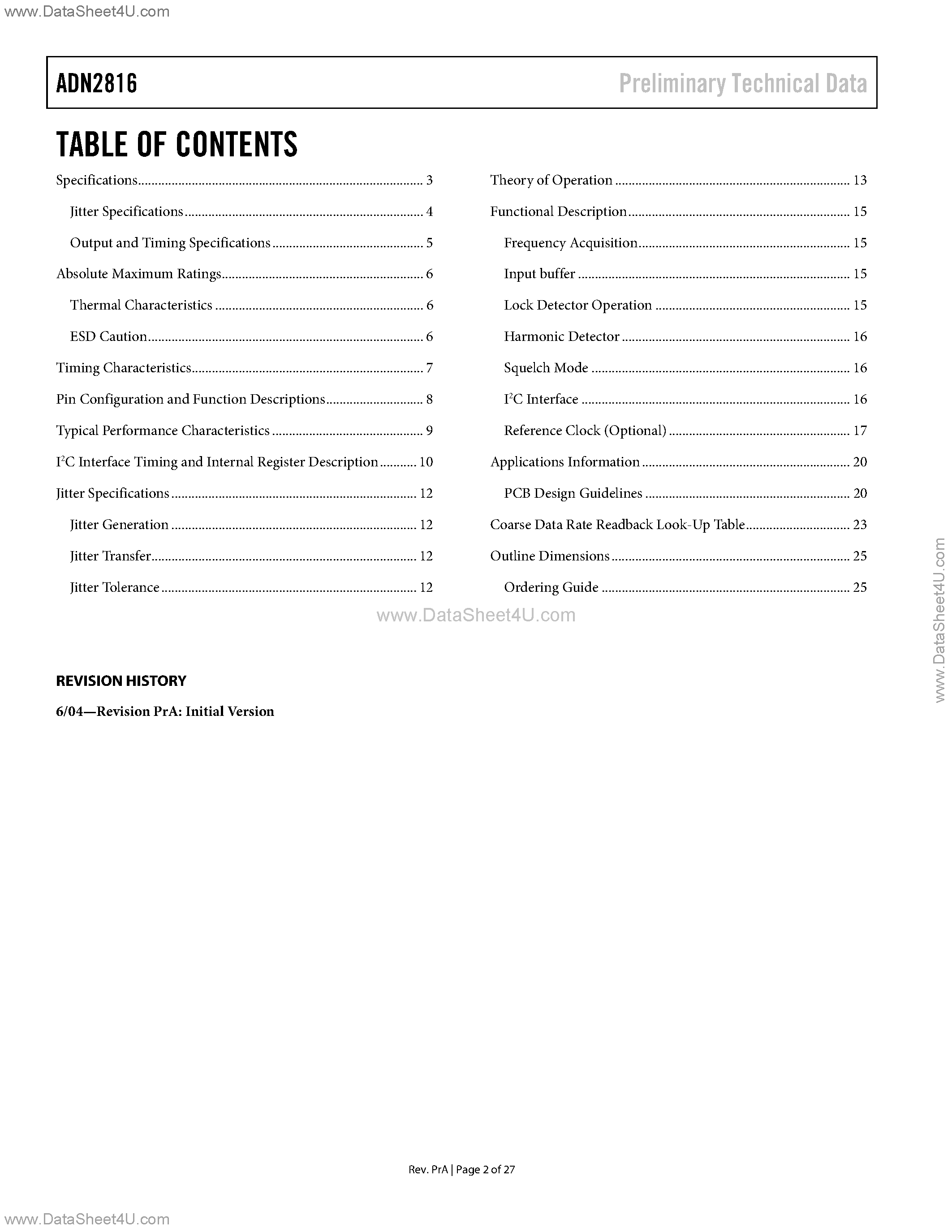 Datasheet ADN2816 - Continuous Rate 12.3 Mb/s to 675 Mb/s Clock and Data Recovery IC page 2