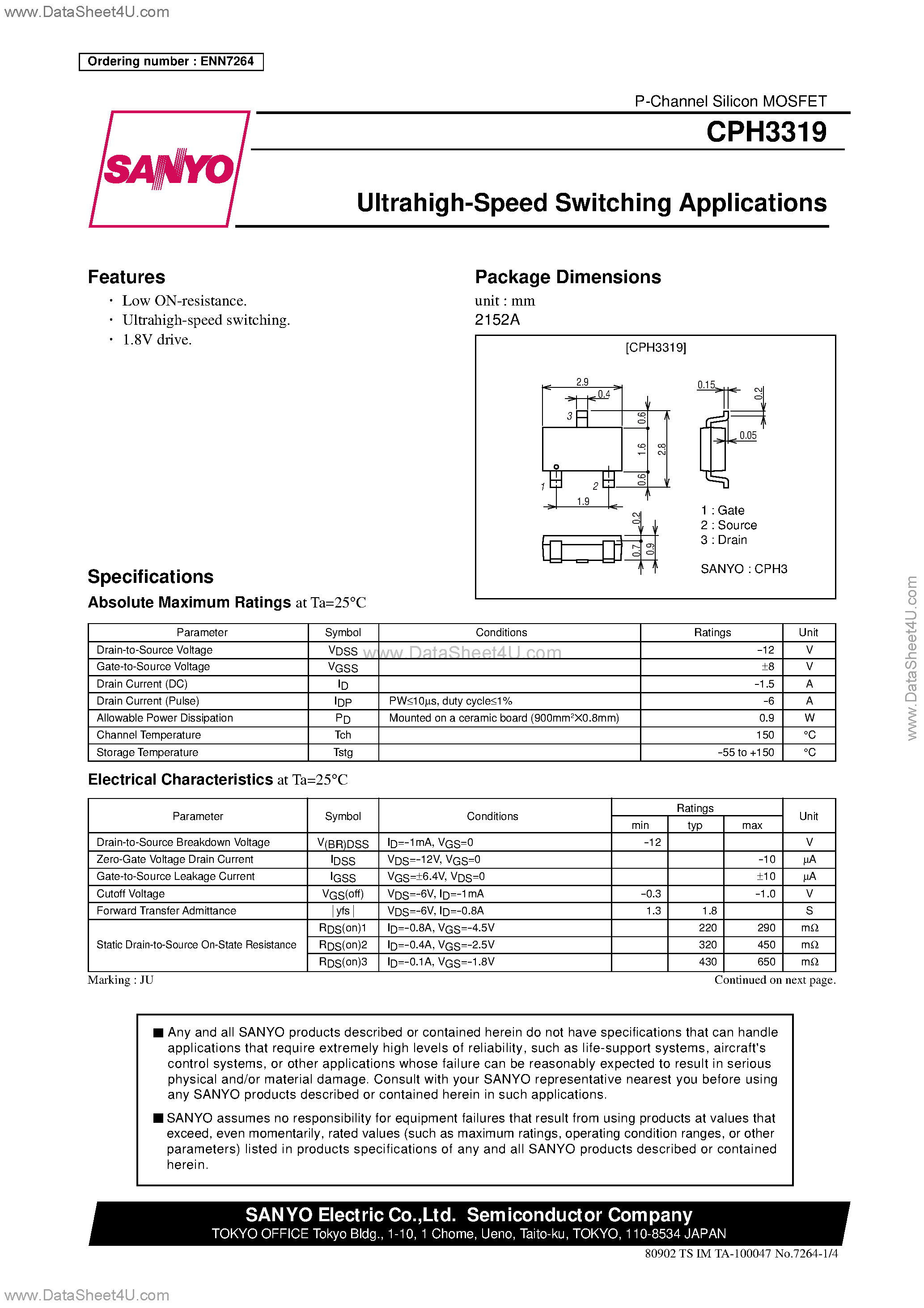 Даташит на микросхему CPH3319 страница 1 Даташит CPH3319 - Ultrahigh-Speed Switching Applications страница 1