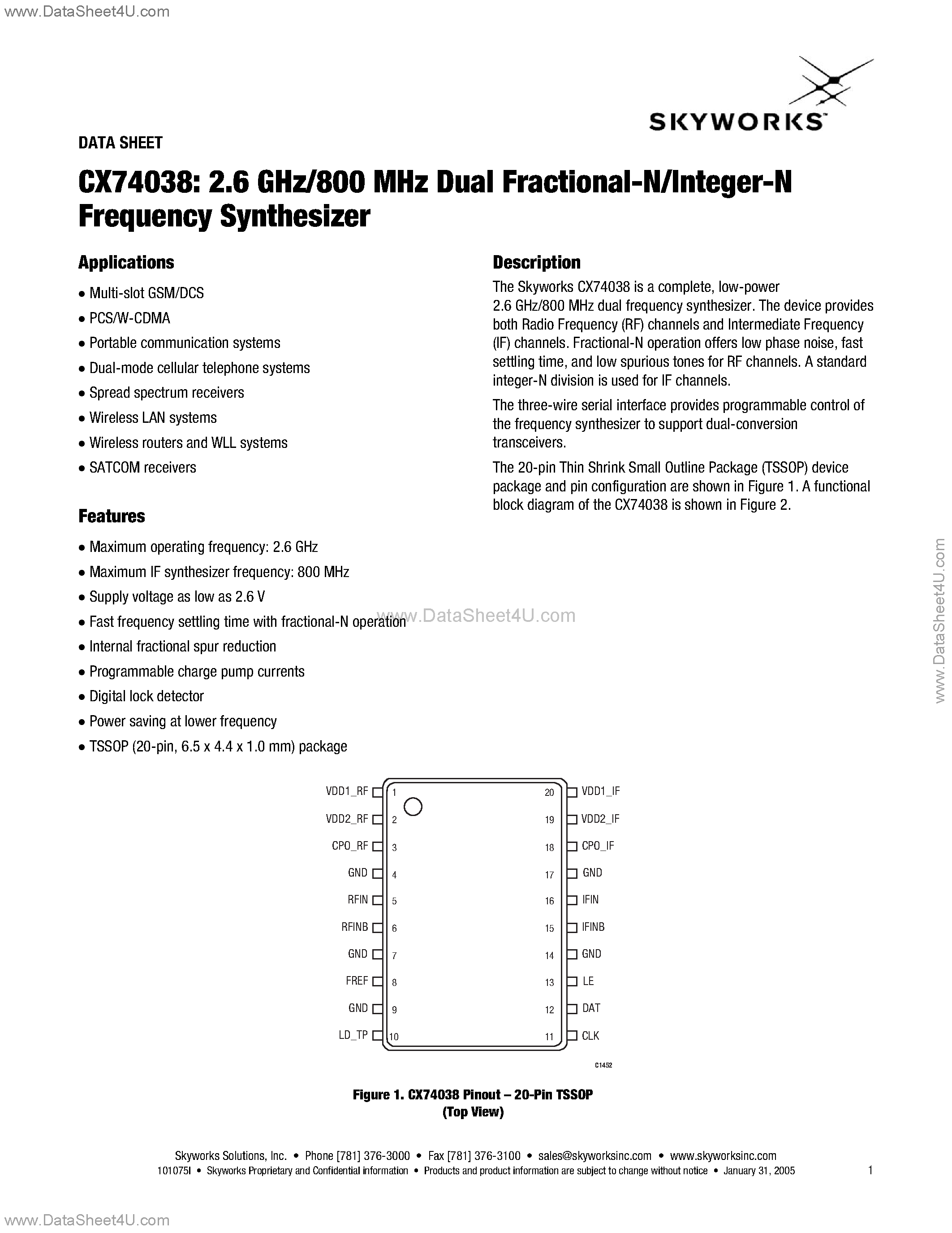 Datasheet CX74038 - 2.6 GHz/800 MHz Dual Fractional-N/lnteger-N Frequency Synthesizer page 1