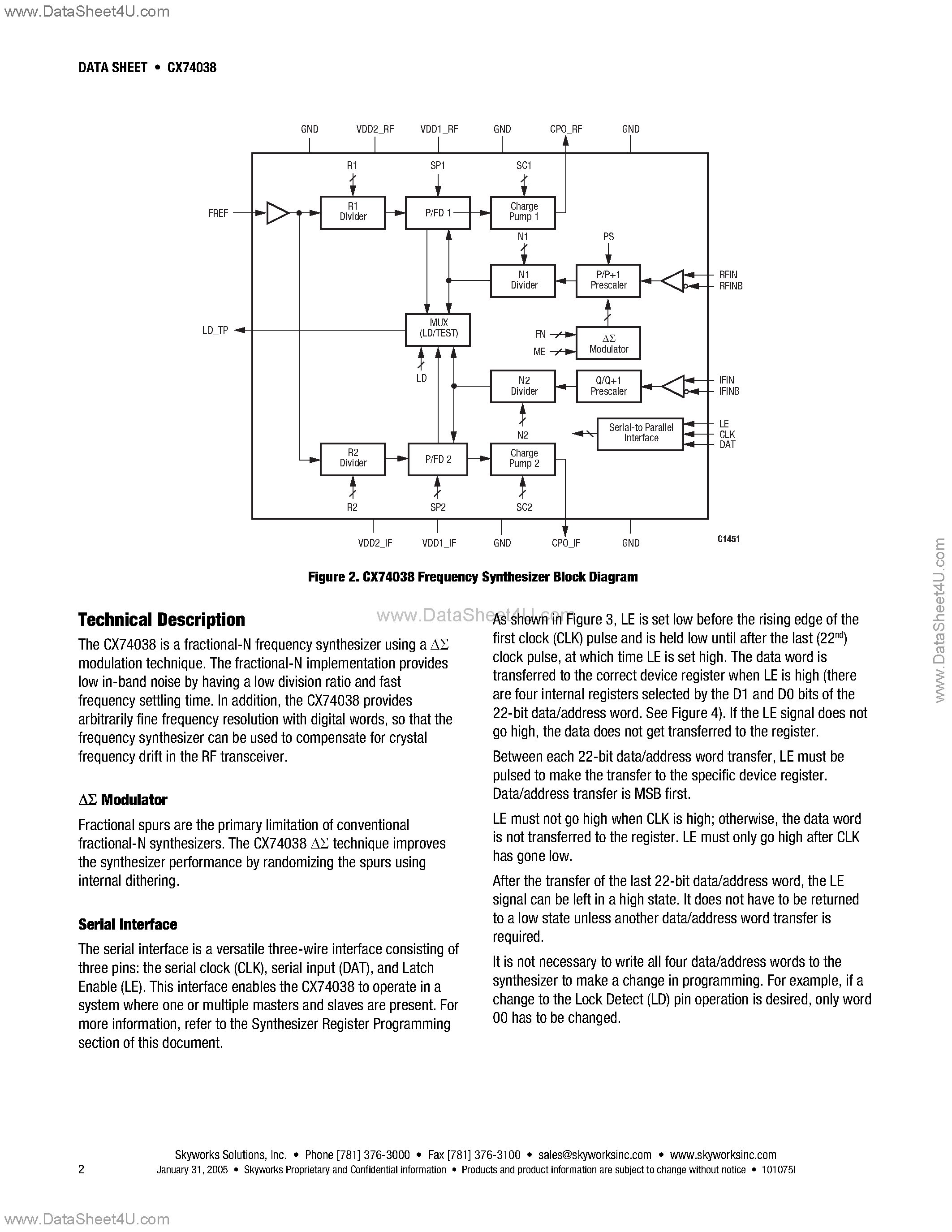 Datasheet CX74038 - 2.6 GHz/800 MHz Dual Fractional-N/lnteger-N Frequency Synthesizer page 2