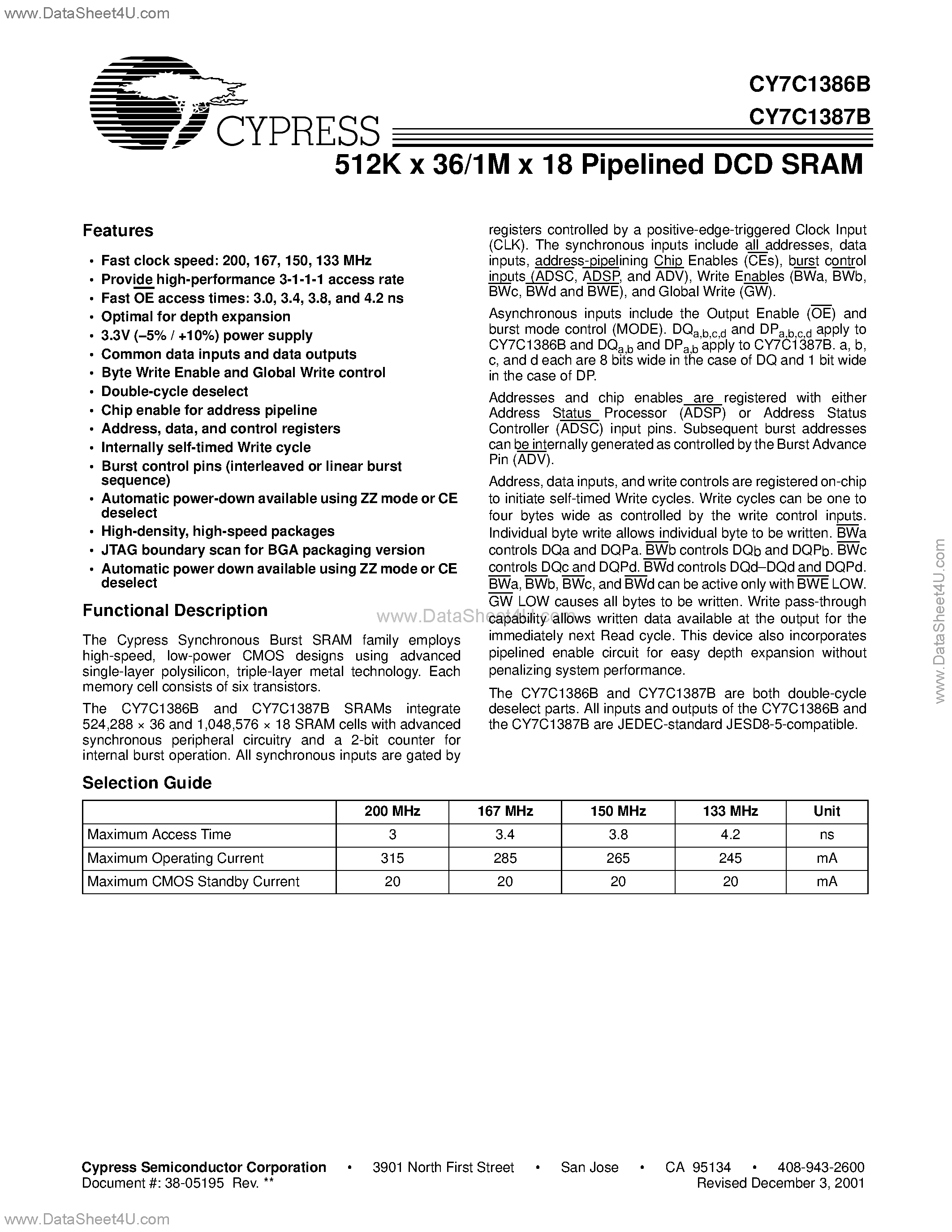 Datasheet CY7C1386B - (CY7C1386B / CY7C1387B) 512K x 36/1M x 18 Pipelined DCD SRAM page 1