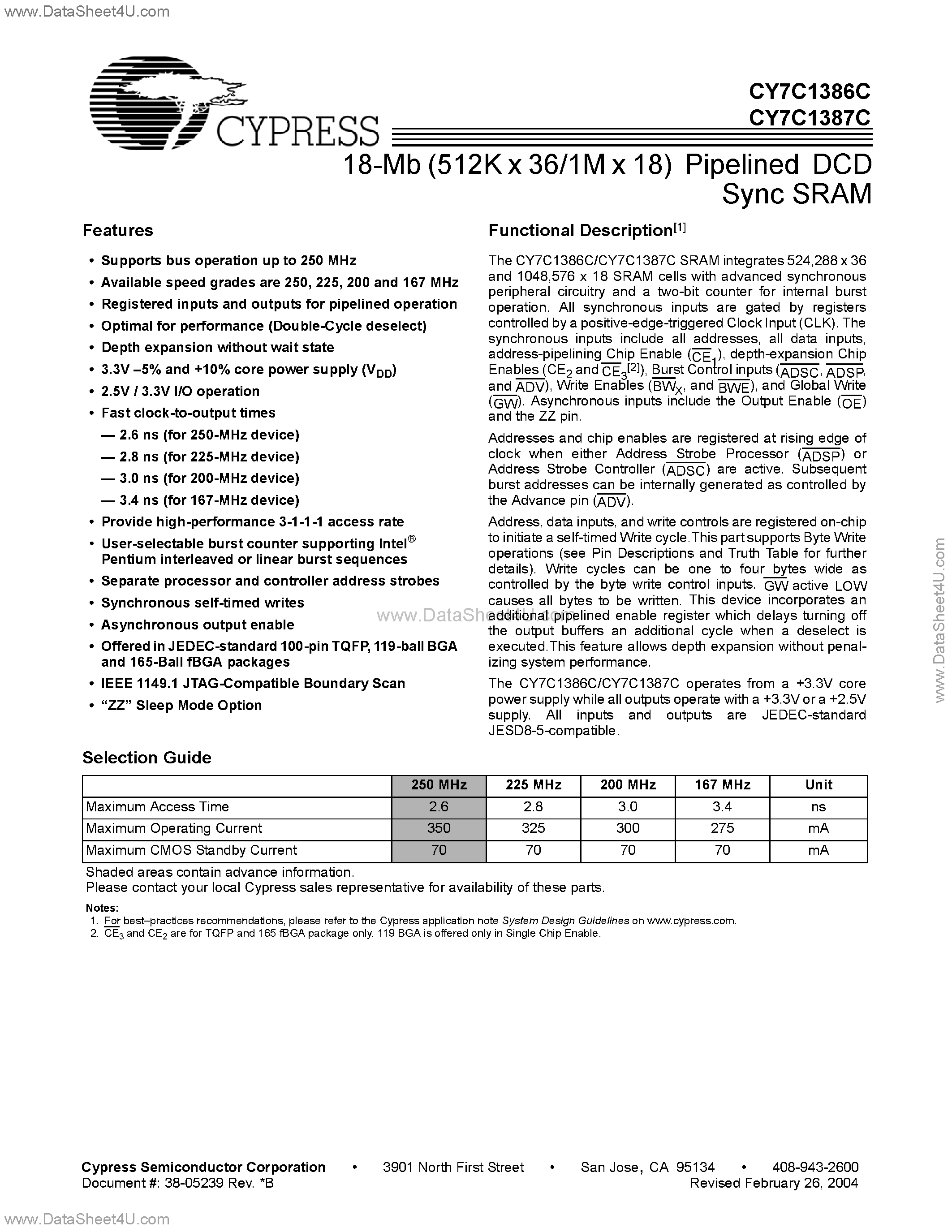 Datasheet CY7C1386C - (CY7C1386C / CY7C1387C) 18-Mb (512K x 36/1M x 18) Pipelined DCD Sync SRAM page 1