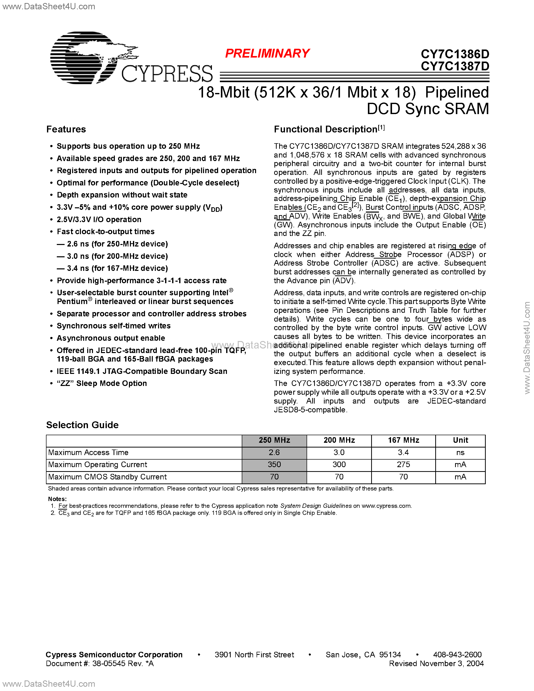 Datasheet CY7C1386D - (CY7C1386D / CY7C1387D) 18-Mbit (512K x 36/1 Mbit x 18) Pipelined DCD Sync SRAM page 1