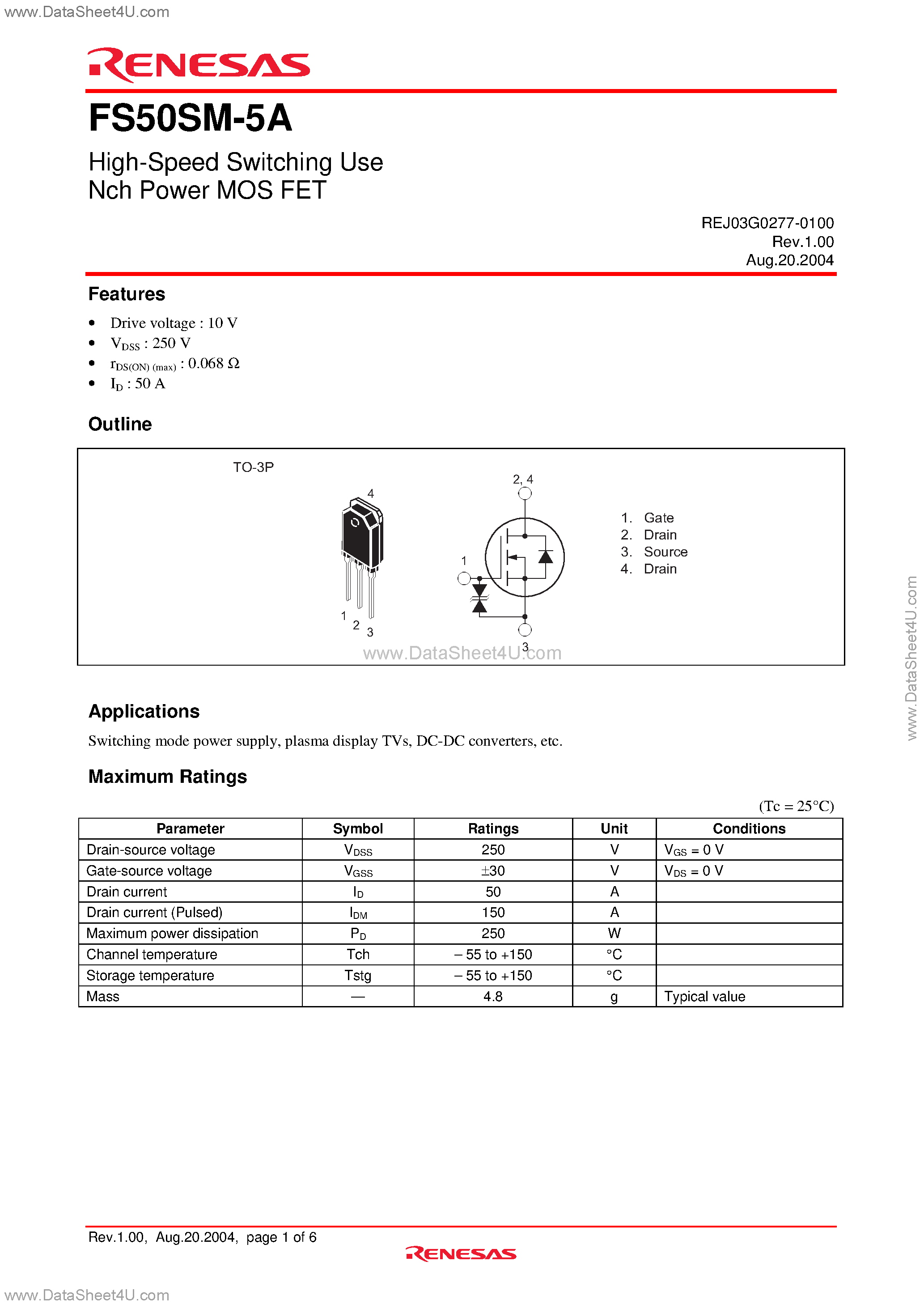 Даташит на микросхему FS50SM-5A страница 1 Даташит FS50SM-5A - High-Speed Switching Use Nch Power MOS FET страница 1