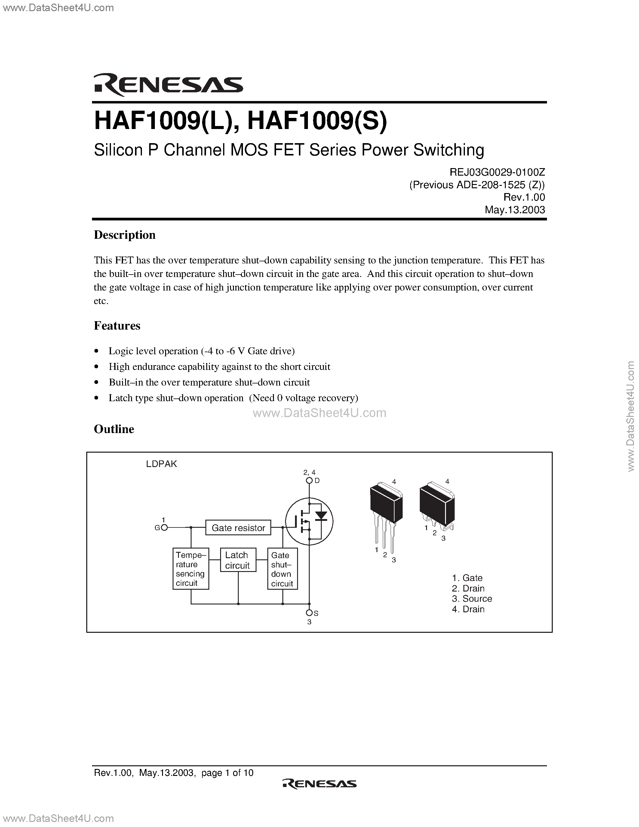Datasheet HAF1009 - Silicon P Channel MOS FET Series Power Switching page 1