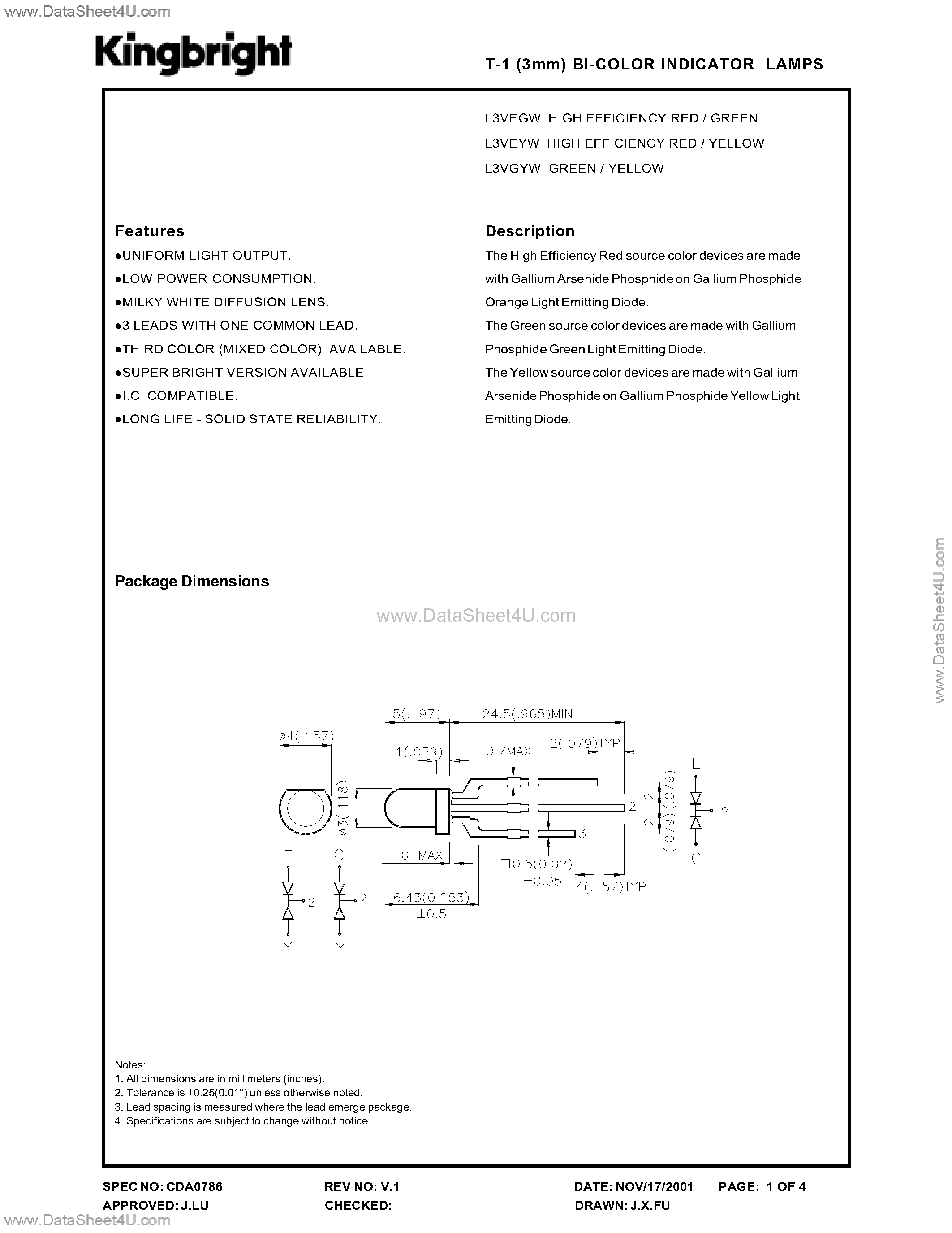 Даташит L3VxxW - T-1 (3mm) BI-COLOR INDICATOR LAMPS страница 1
