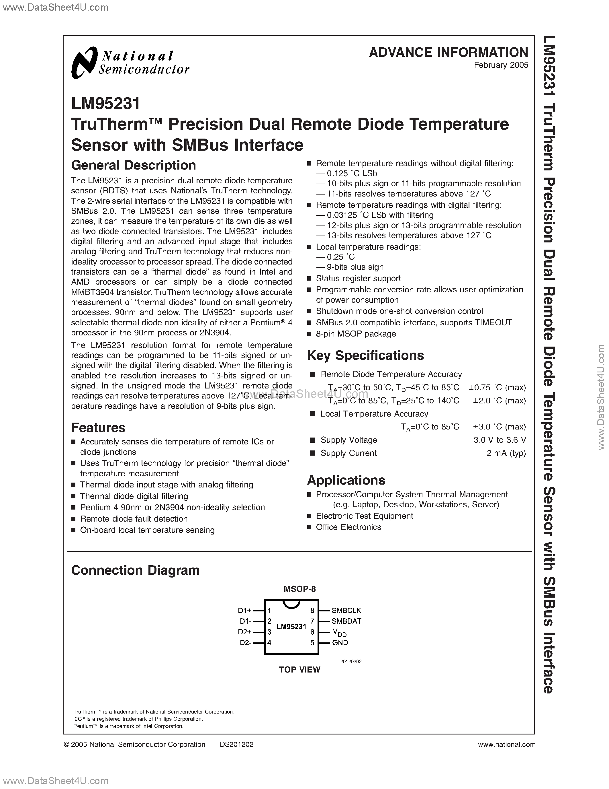 Datasheet LM95231 - TruTherm Precision Dual Remote Diode Temperature Sensor with SMBus Interface page 1