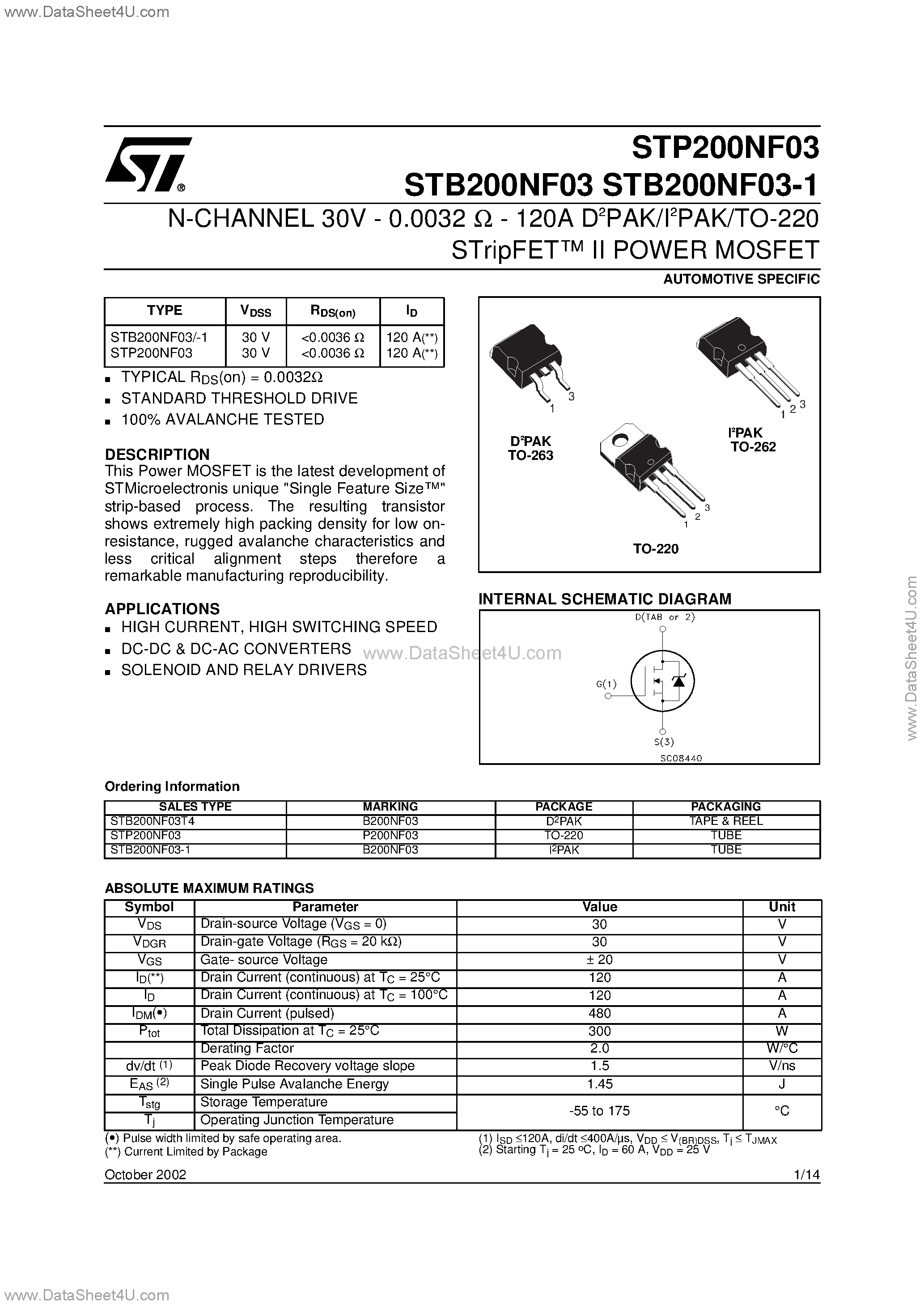 Datasheet STB200NF03 - N-CHANNEL POWER MOSFET page 1