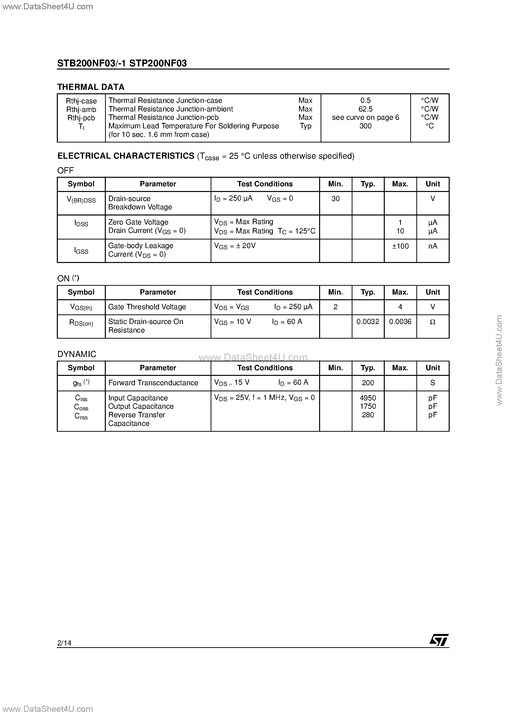 Datasheet STB200NF03 - N-CHANNEL POWER MOSFET page 2