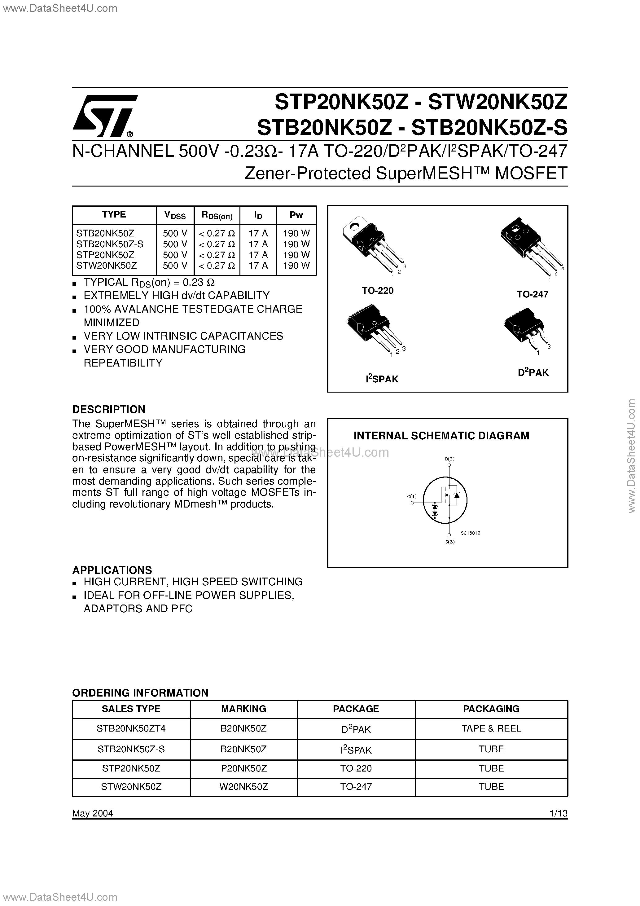 Datasheet STB20NK50Z - N-CHANNEL POWER MOSFET page 1