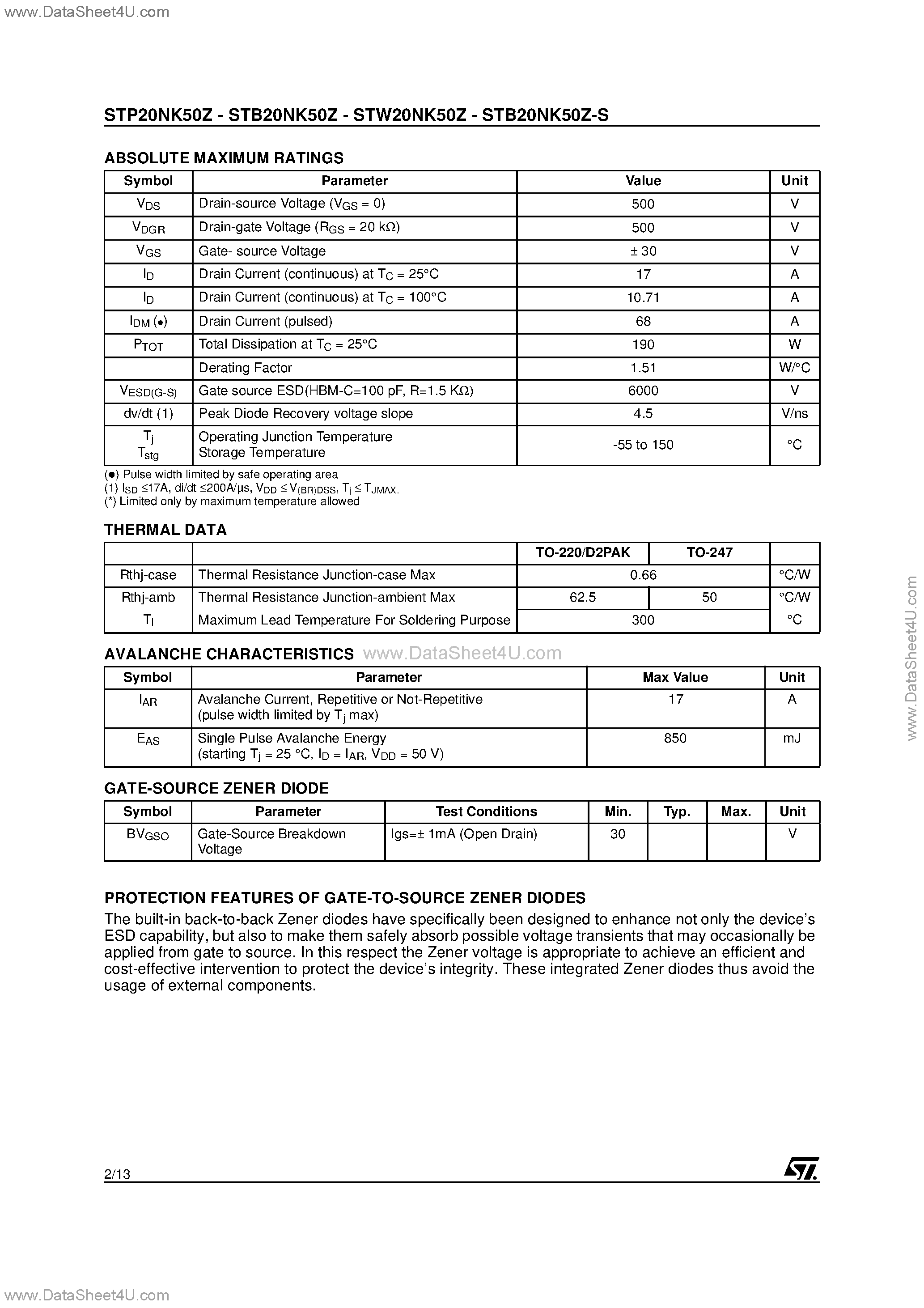 Datasheet STB20NK50Z - N-CHANNEL POWER MOSFET page 2
