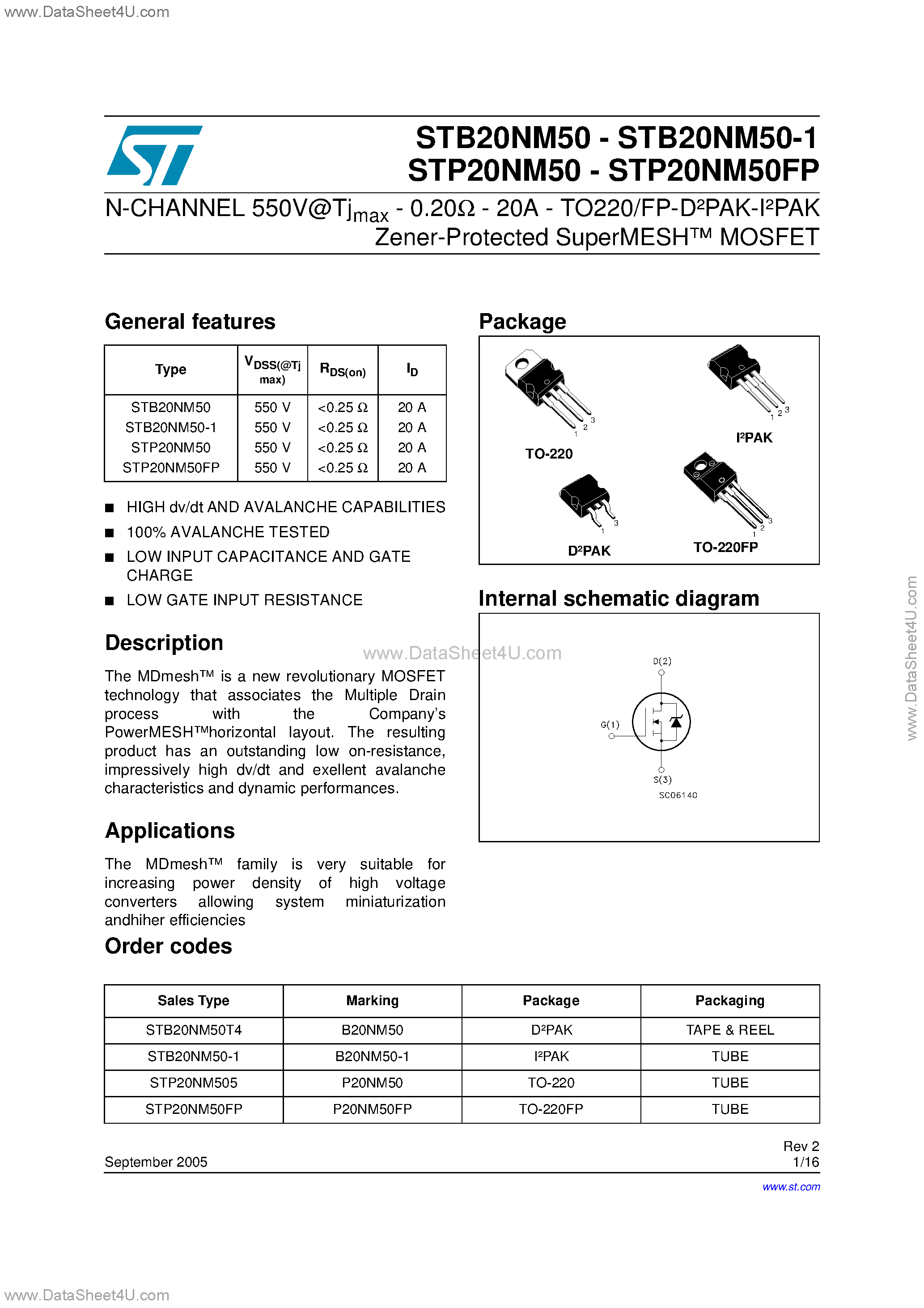 Datasheet STB20NM50-1 - N-CHANNEL POWER MOSFET page 1