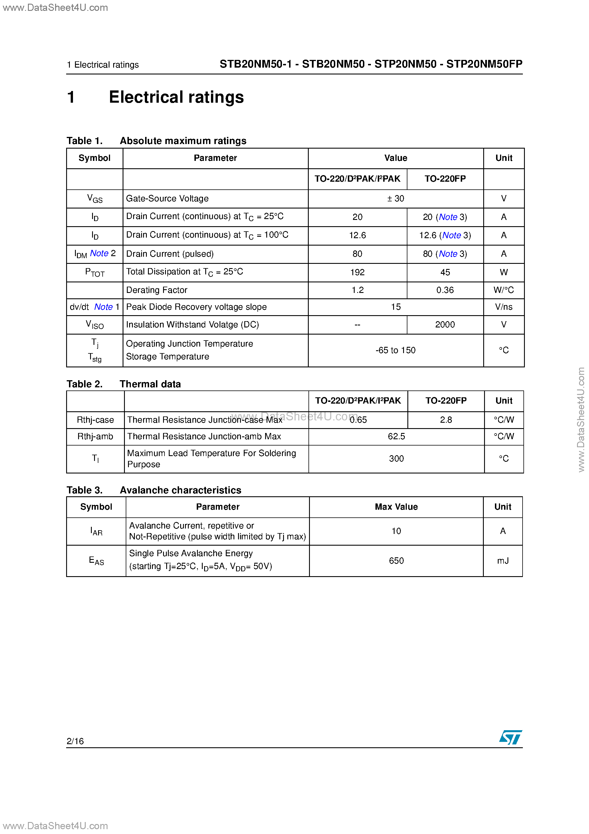 Datasheet STB20NM50-1 - N-CHANNEL POWER MOSFET page 2