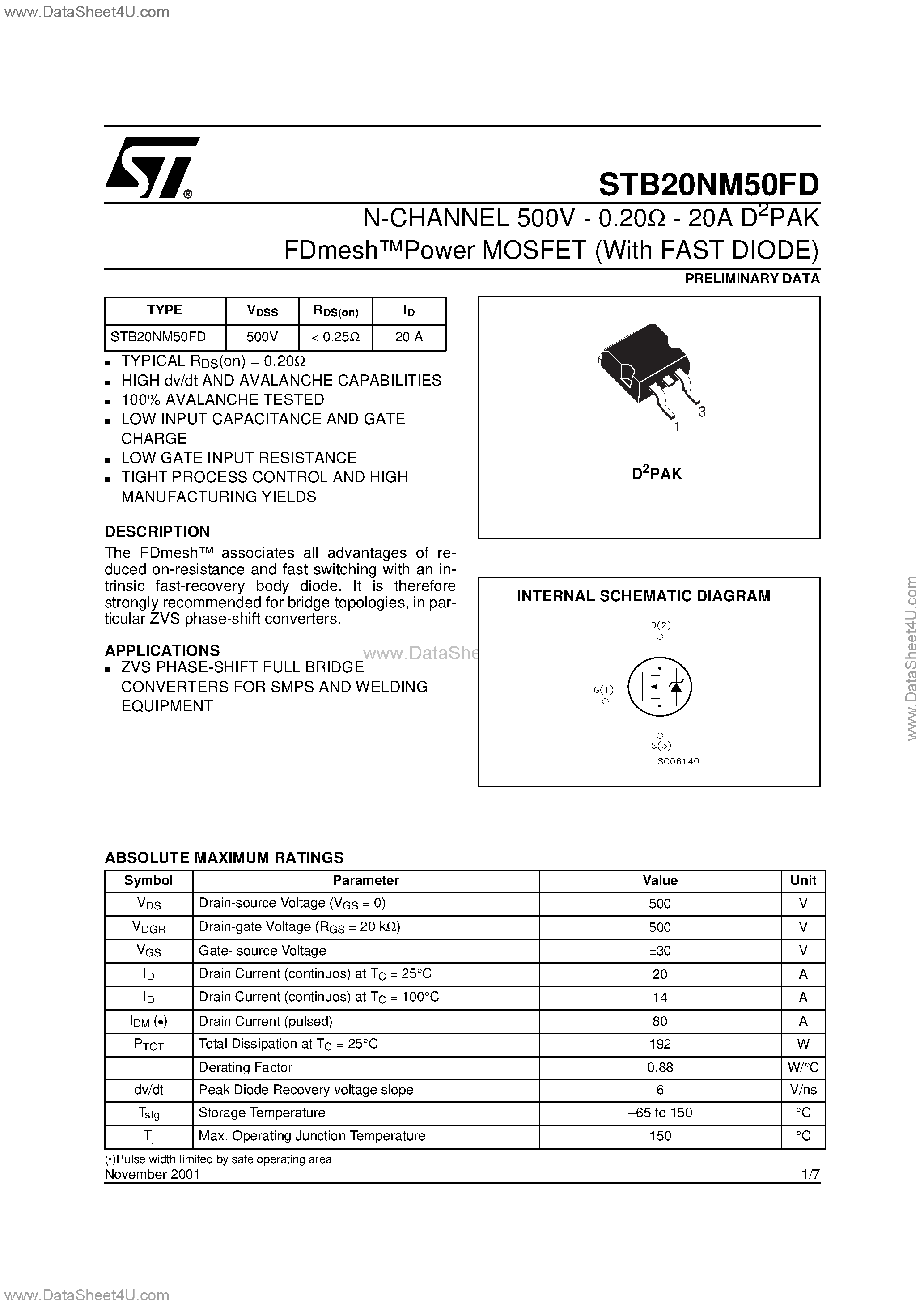 Datasheet STB20NM50FD - N-CHANNEL POWER MOSFET page 1