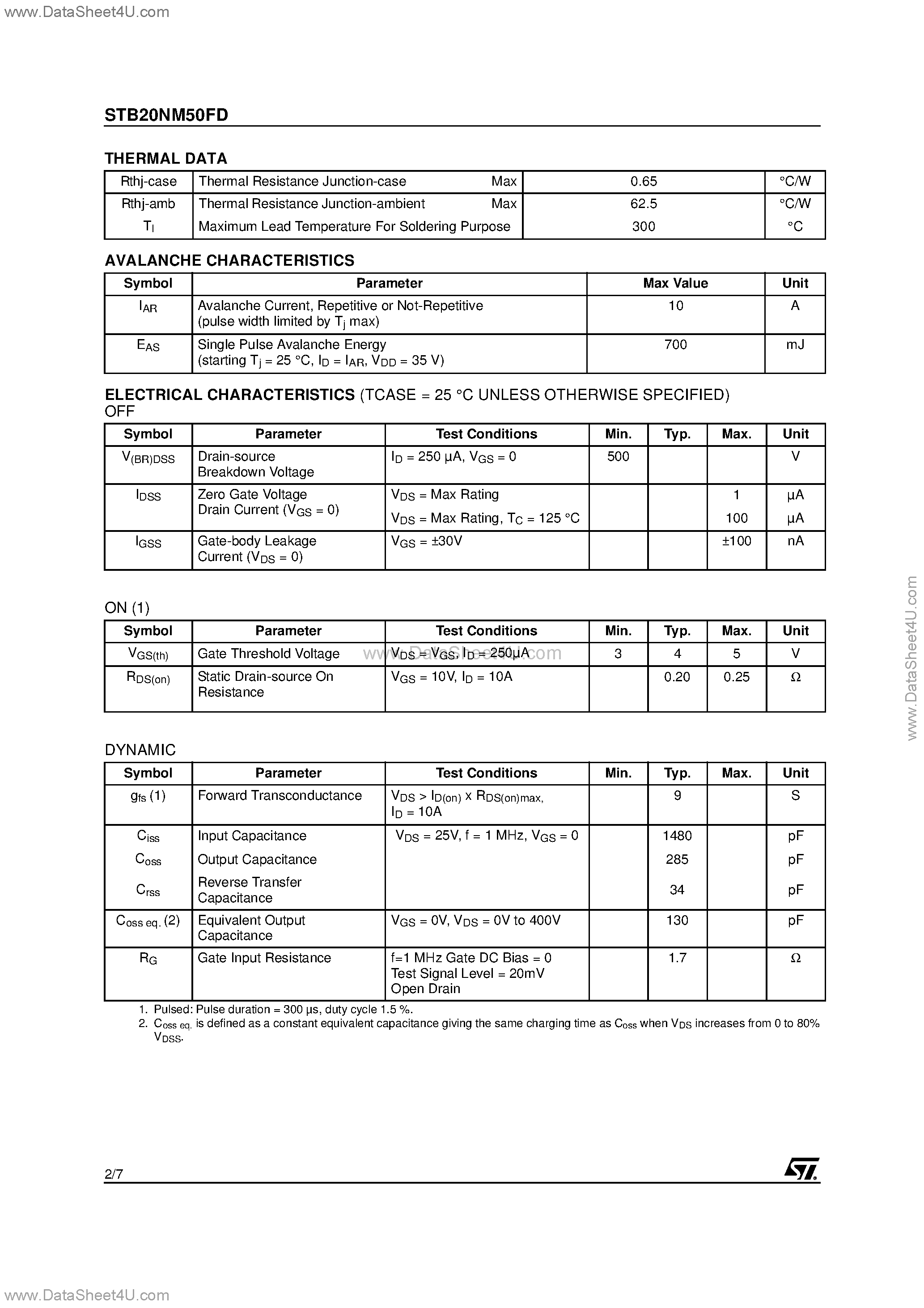 Datasheet STB20NM50FD - N-CHANNEL POWER MOSFET page 2