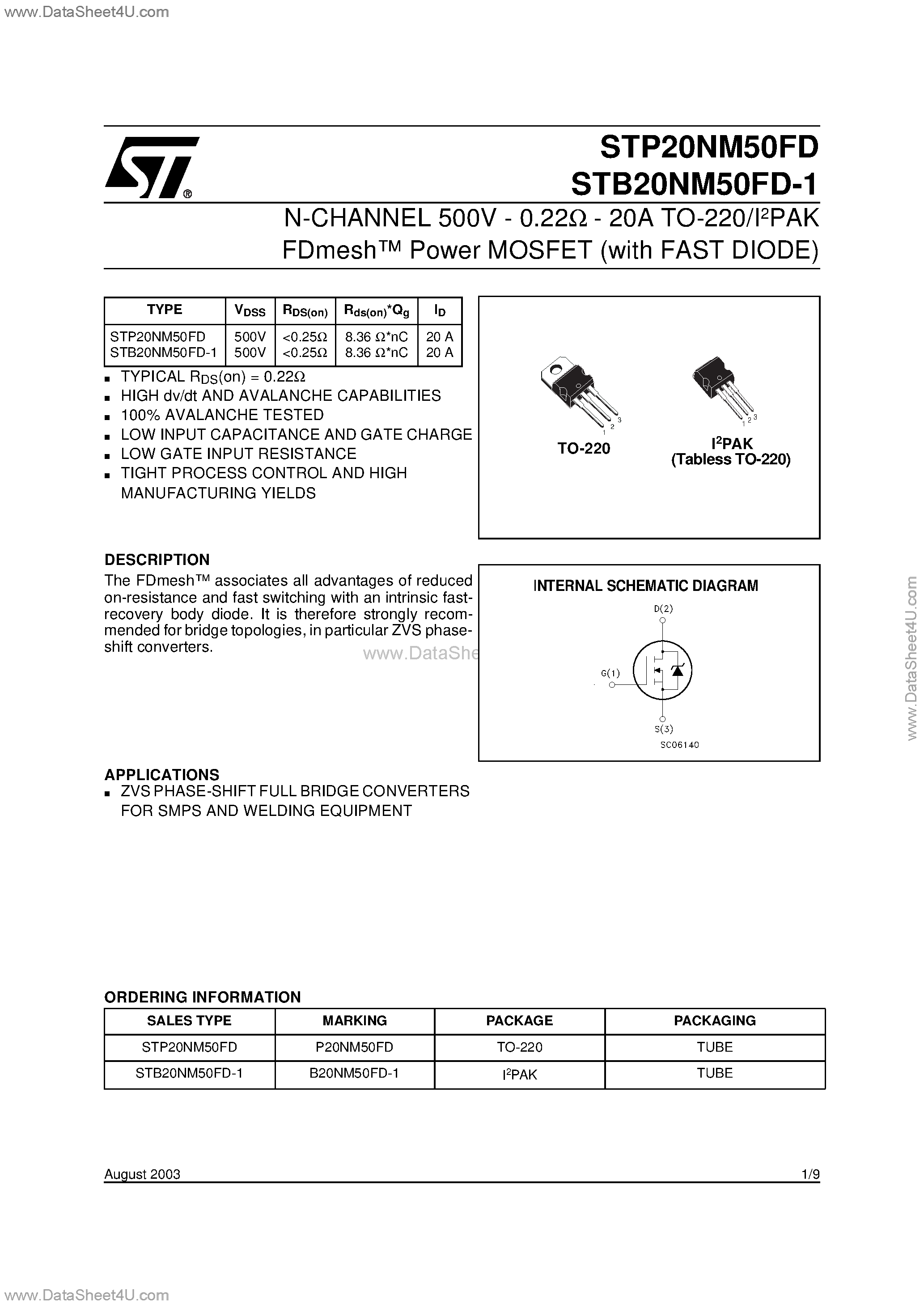 Datasheet STB20NM50FD-1 - N-CHANNEL POWER MOSFET page 1
